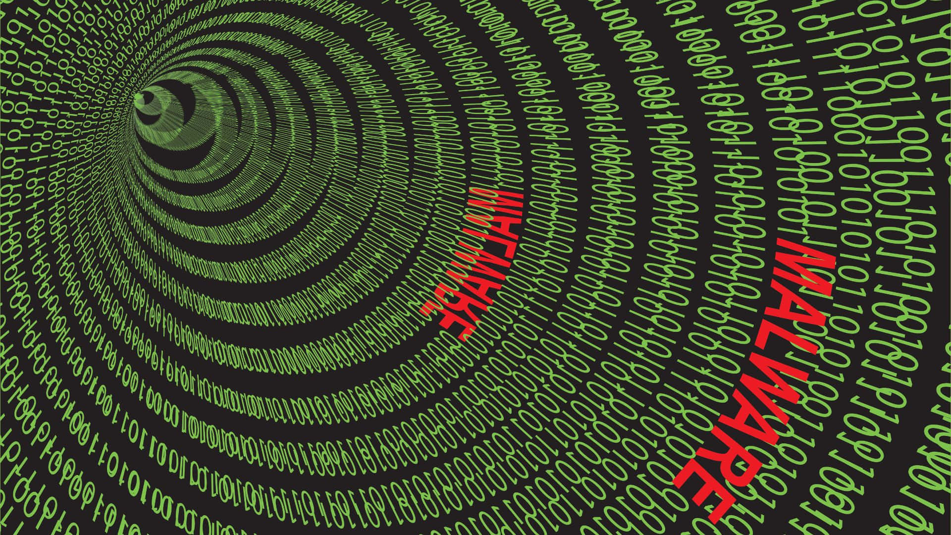 Code 桌布 壁紙 — 一個數位隧道向內螺旋，帶有發光的綠色二進制代碼和粗體紅色惡意軟體文字，背景為黑色。