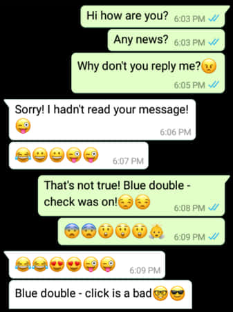 WhatsApp 桌布 壁紙 — 一個文字對話的截圖，顯示有關未讀訊息和一個帶有表情符號的幽默「藍色雙擊」笑話的訊息。