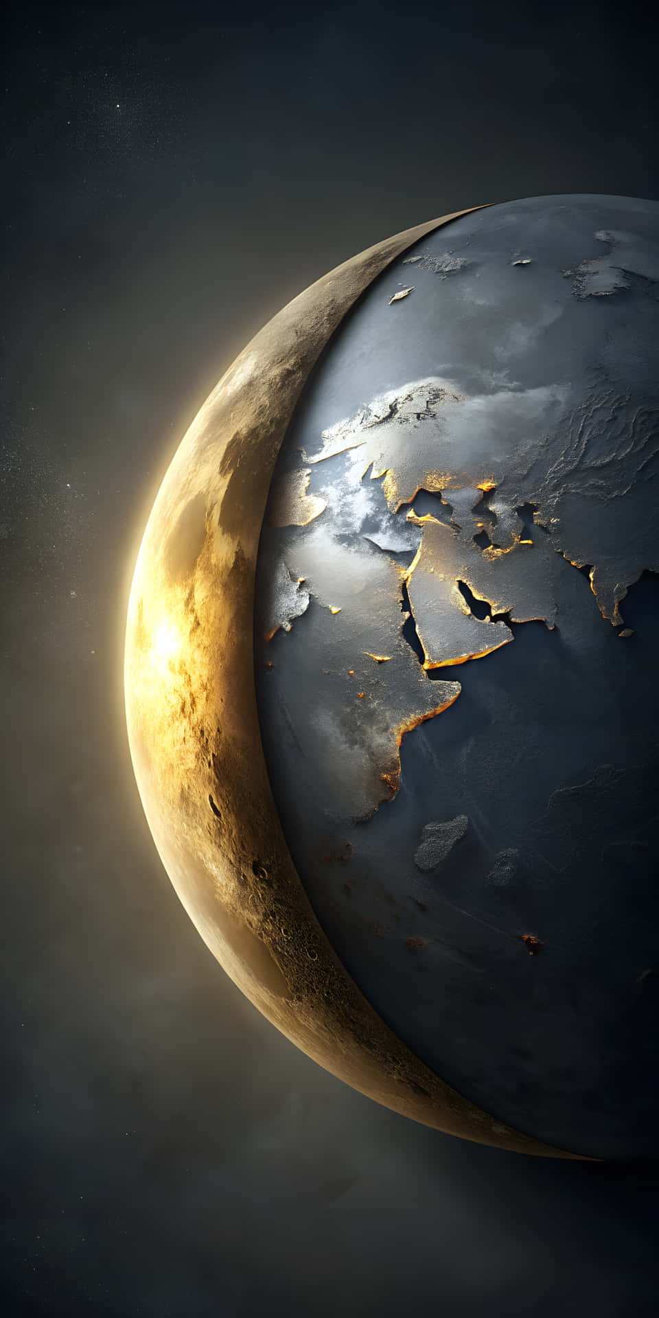 Subtle Glowing Crescent Moon in Gold and Gray on Deep Gray Background 壁紙 — 一個新月形行星，帶有發光的金色大陸和深灰色海洋，背景是星光燦爛的宇宙。