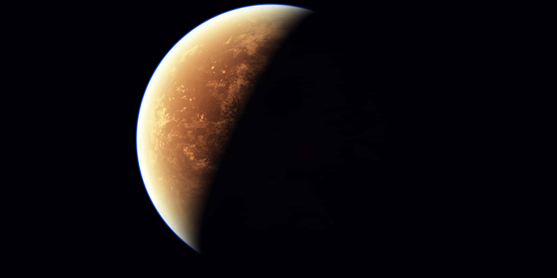 太陽系 桌布 壁紙 — 一個新月形行星，表面呈鐵鏽色，在漆黑的太空虛空中發光。