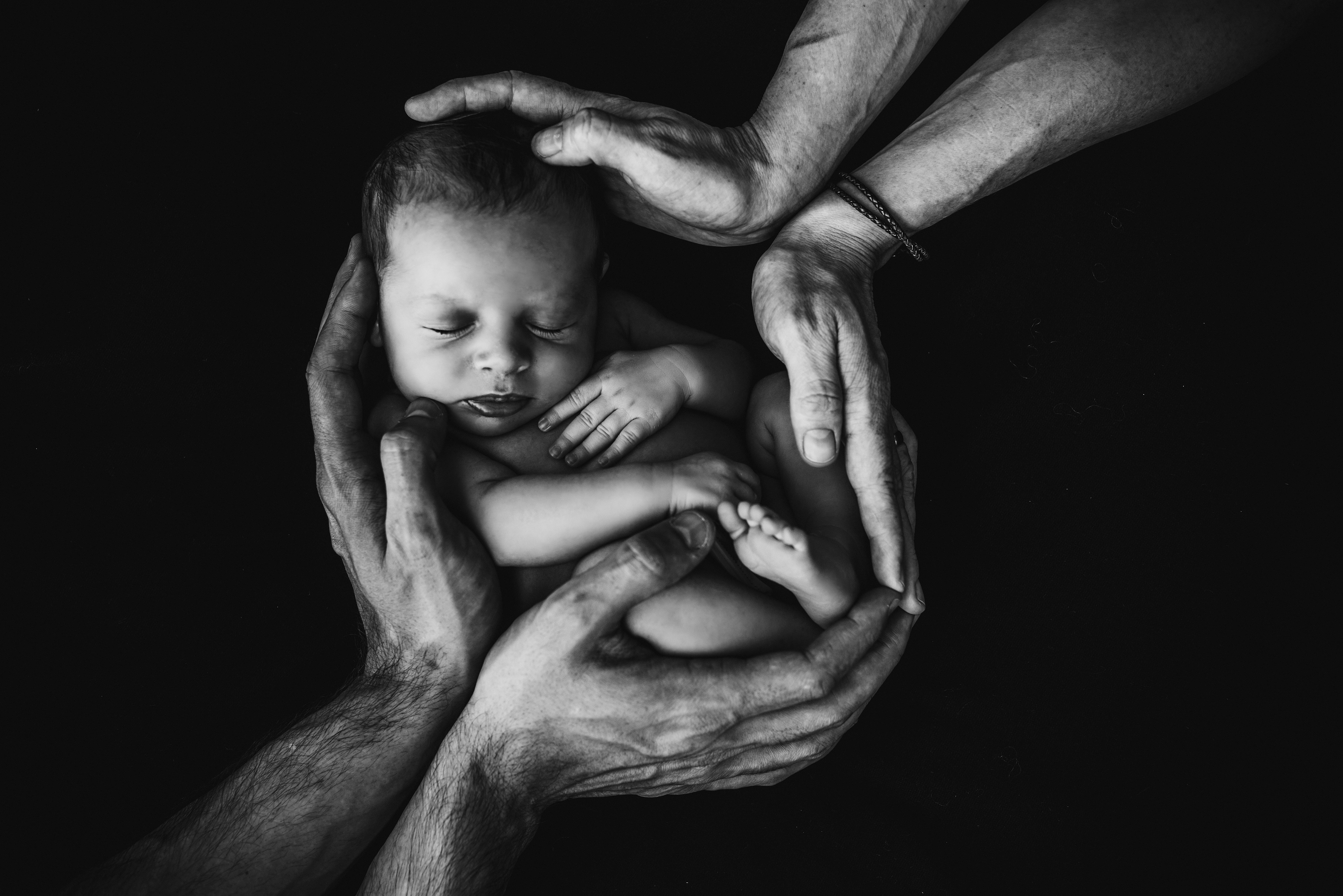 Baby 桌布 壁紙 — 一個新生兒在四隻成人手中安詳地睡著，背景是純黑色，一張溫柔的黑白肖像。