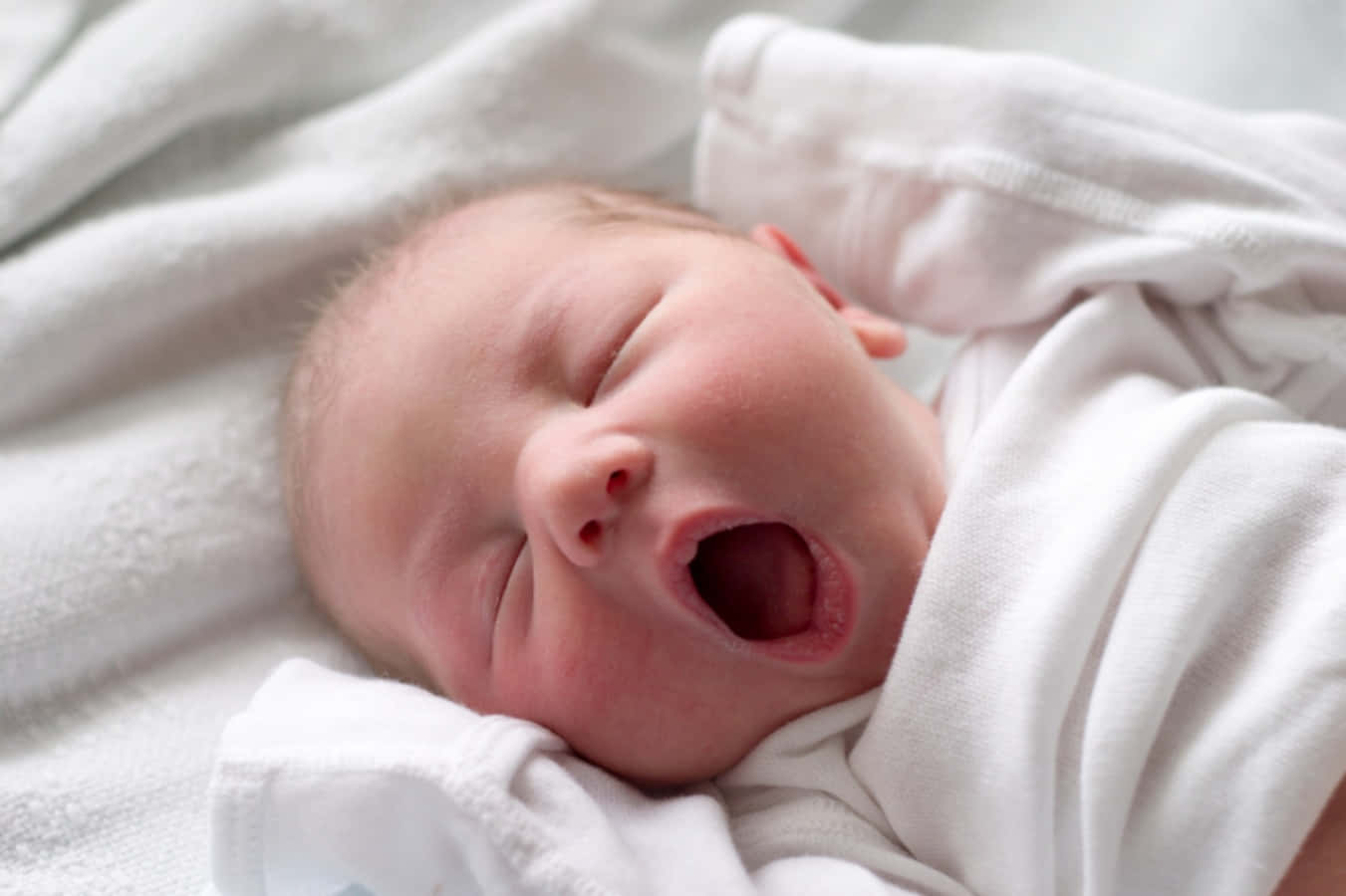 Infant 桌布 壁紙 — 一個新生嬰兒包裹在柔軟的白色毯子中，閉著眼睛在安寧的睡眠中打哈欠。