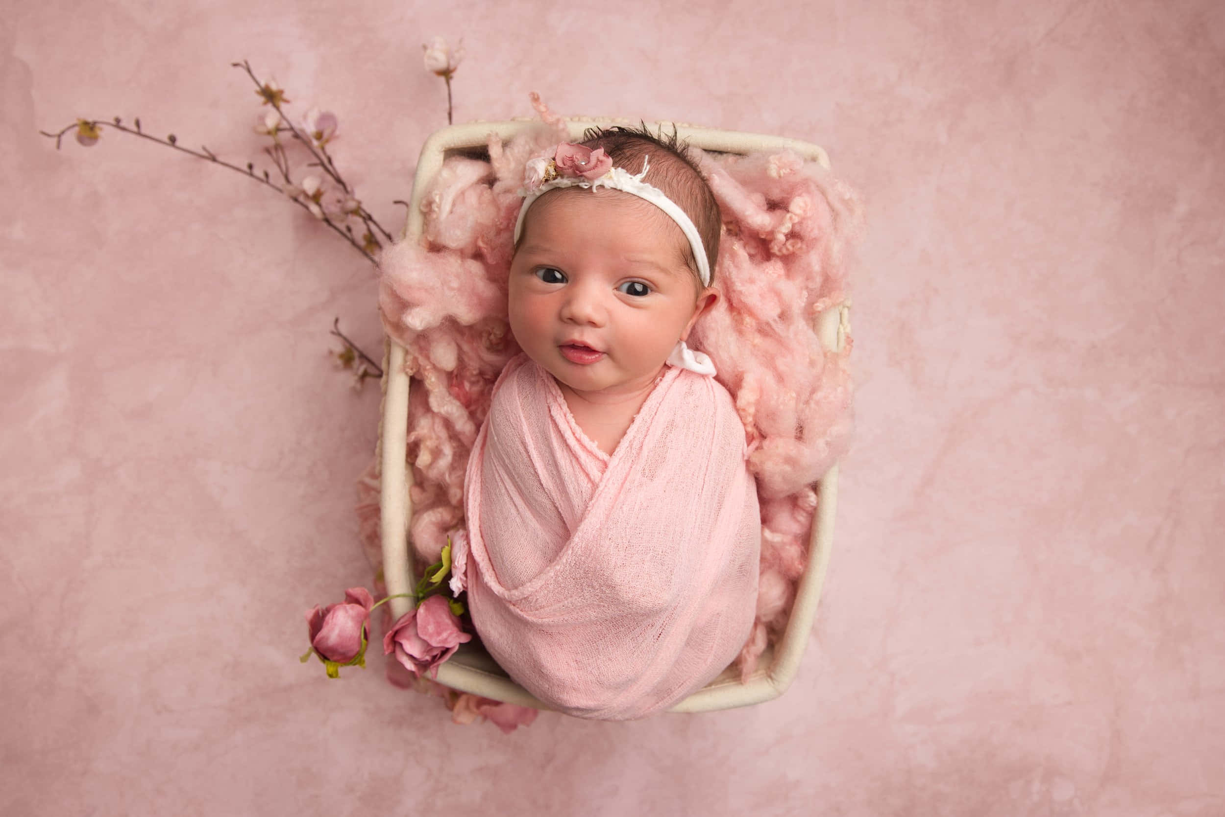 Newborn Baby 桌布 壁紙 — 一個新生嬰兒包裹在柔軟的粉紅色布料中，躺在鋪有蓬鬆粉紅色棉花的籃子裡，並飾以精緻的粉紅色花朵。