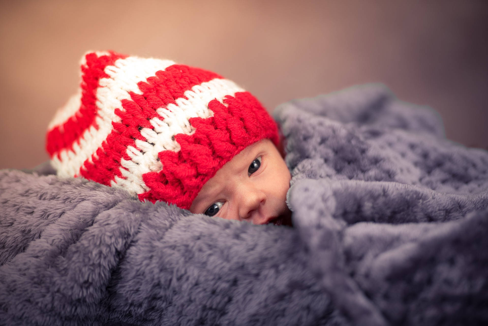 Very Cute Baby 桌布 壁紙 — 一個新生嬰兒從柔軟的灰色毯子下好奇地探出頭來，戴著紅白條紋的針織帽。