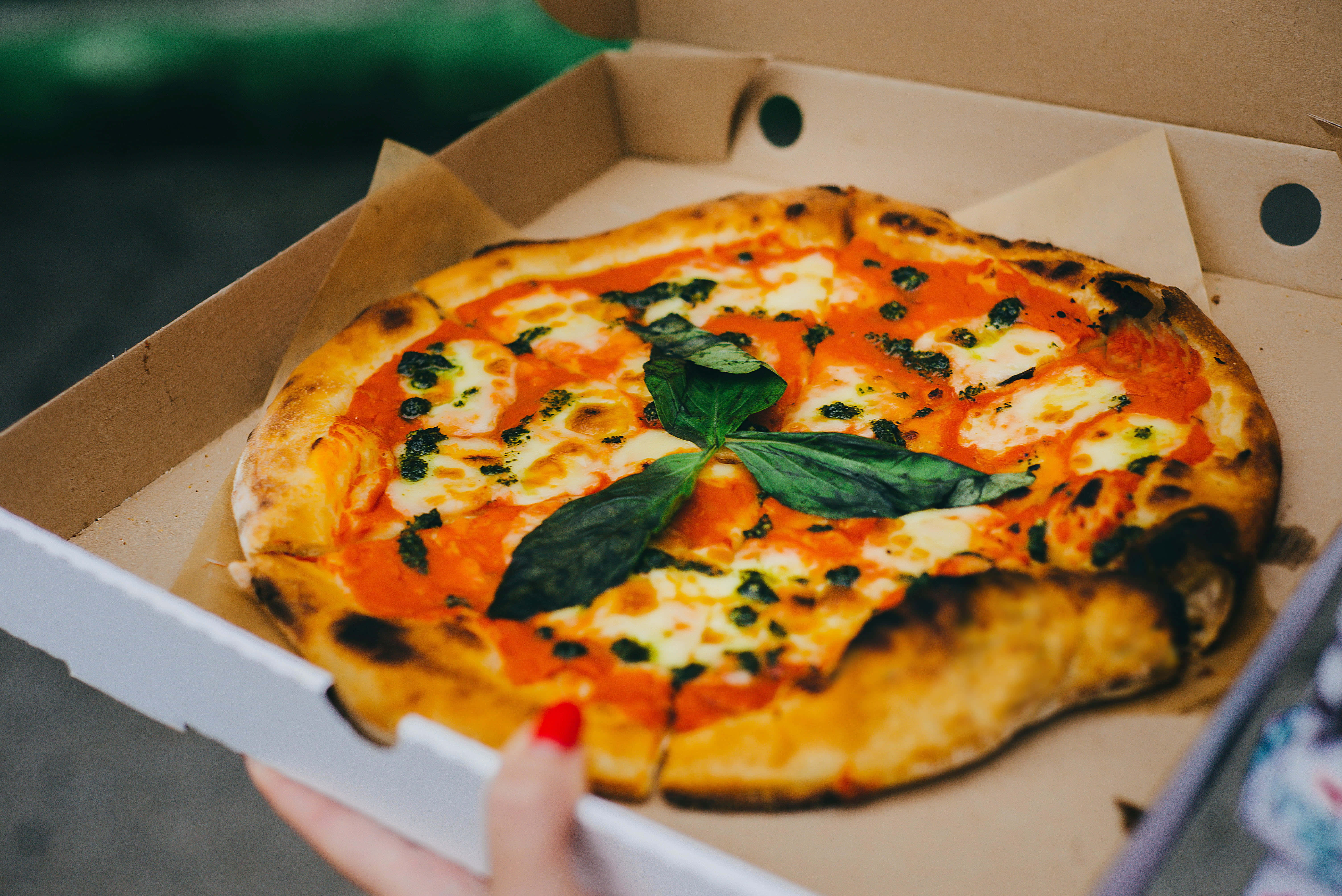 Pizza 桌布 壁紙 — 一個新鮮出爐的瑪格麗特披薩，帶有焦脆的餅皮和羅勒葉，放在一個打開的紙板盒中，由一隻塗有紅色指甲油的手拿著。