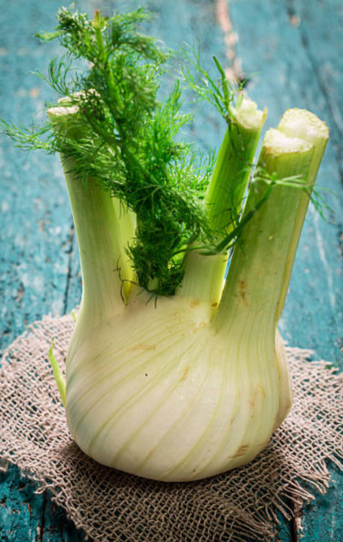 Vegetables 桌布 壁紙 — 一個新鮮的茴香球莖，帶有羽毛狀的綠色葉子，放在粗麻布上，背景是風化的藍色木質表面。