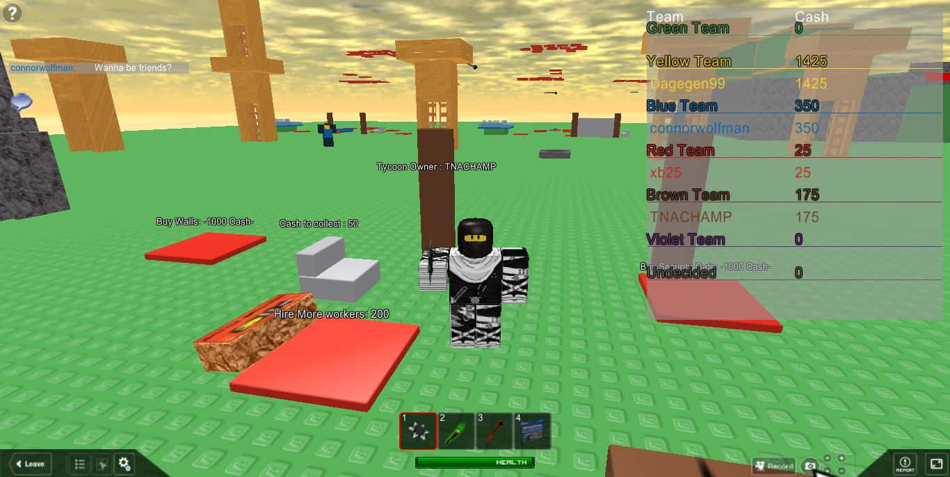 Cute Roblox Noobs 桌布 壁紙 — 一個方塊忍者頭像站在一個有浮動平台和團隊計分板的像素化遊戲世界中。