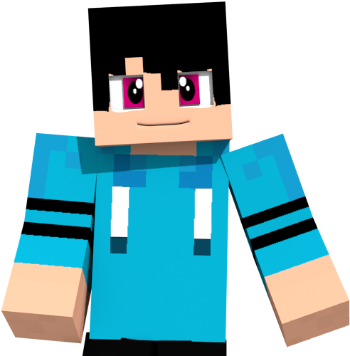 Minecraft Character 桌布 壁紙 — 一個方塊狀像素角色，有粉紅色眼睛和藍色連帽衫，站在黑色背景前。