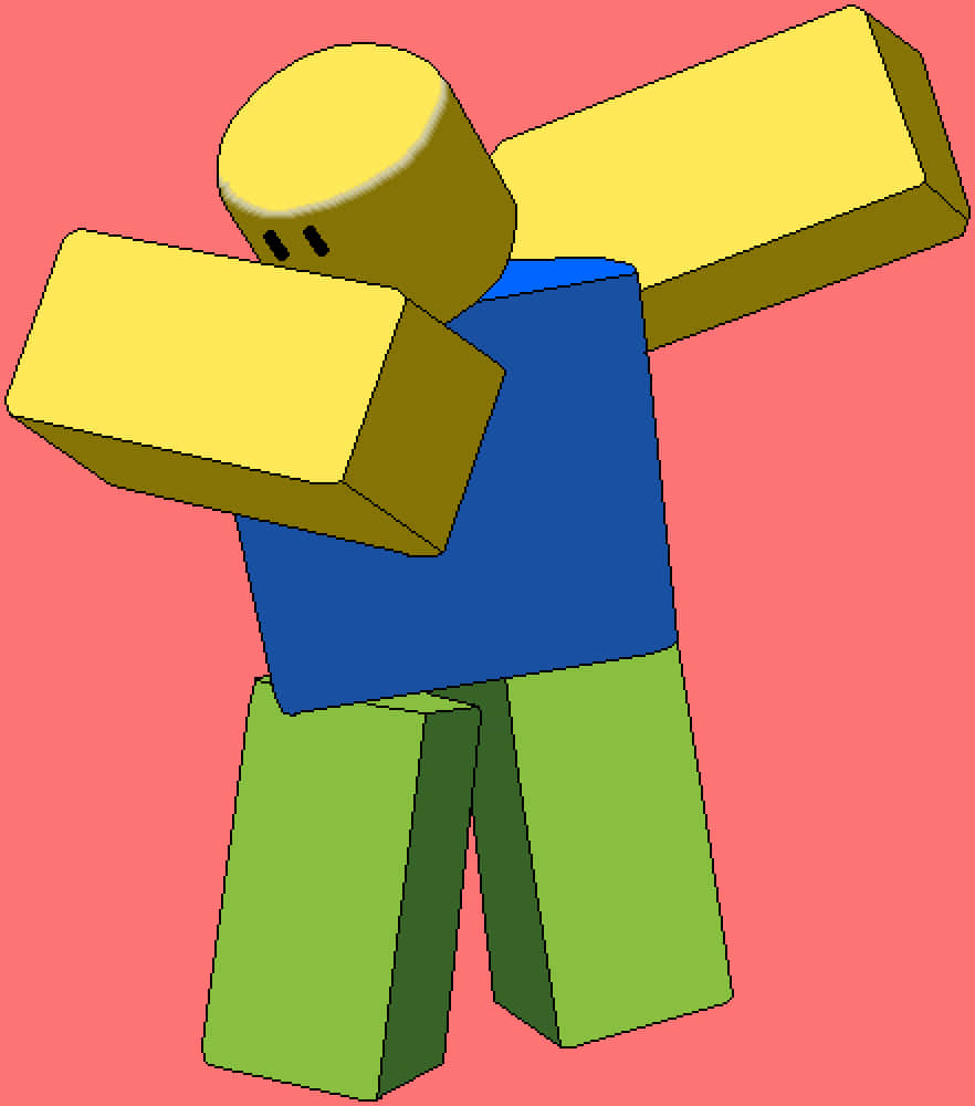 Cute Roblox Noobs 桌布 壁紙 — 一個方塊狀的 3D 渲染頭像，黃色頭部和四肢，藍色軀幹，綠色雙腿，在純粉紅色背景前擺姿勢。