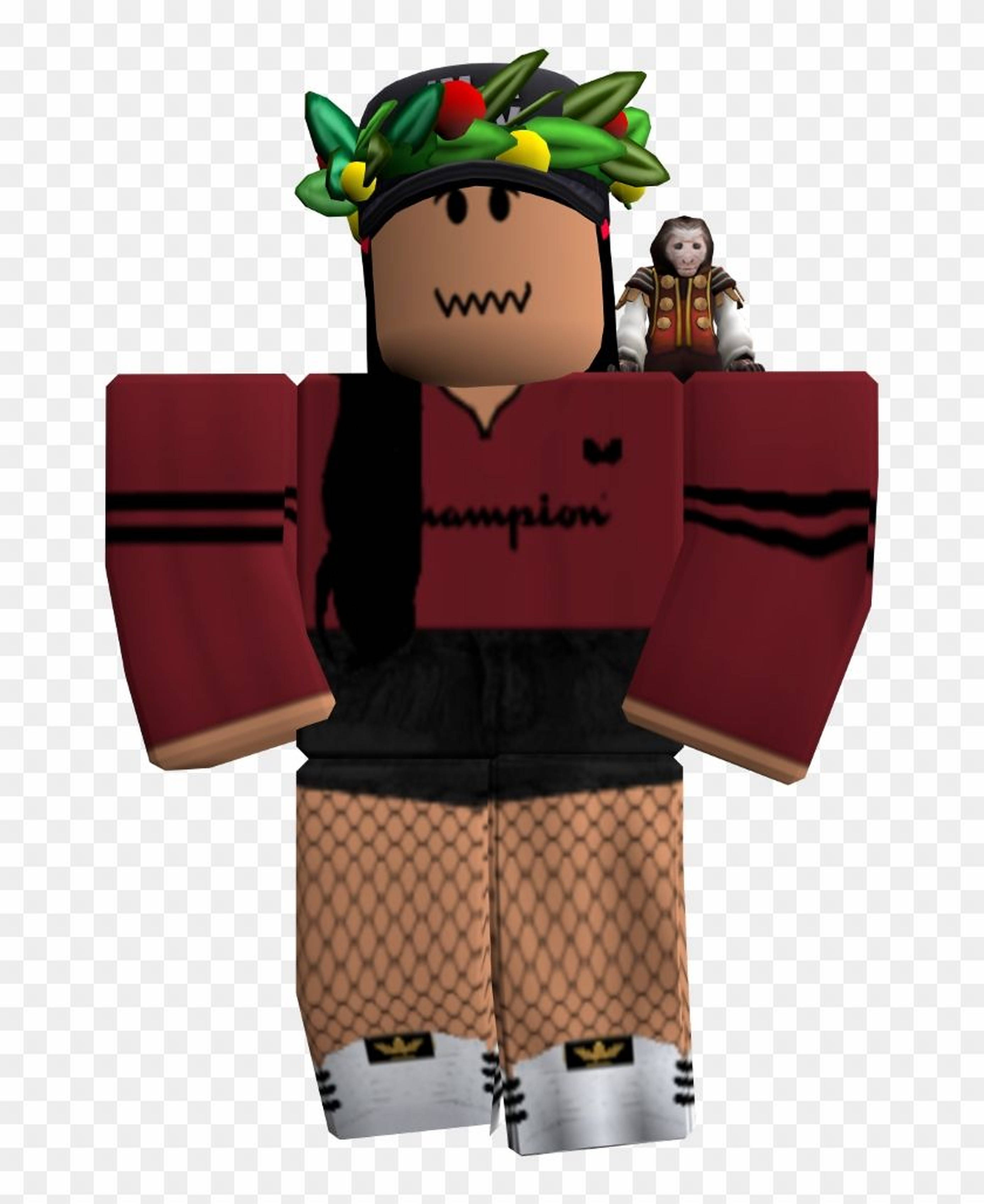 Roblox Girl 桌布 壁紙 — 一個方塊狀的 Roblox 角色穿著紅色 Champion 衛衣、魚網短褲和樹葉皇冠，肩上坐著一個小娃娃。