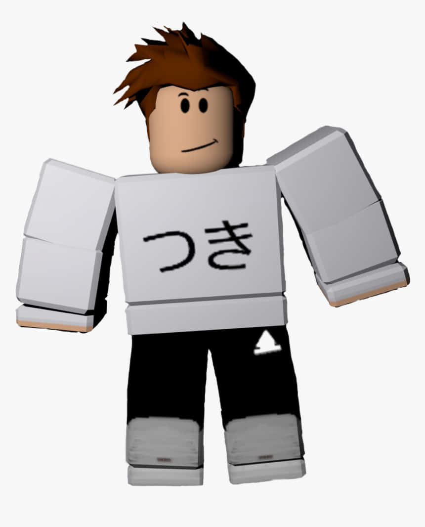 Roblox Boy 桌布 壁紙 — 一個方塊狀的 Roblox 頭像，棕色頭髮，穿著印有日文漢字「月」的白襯衫。