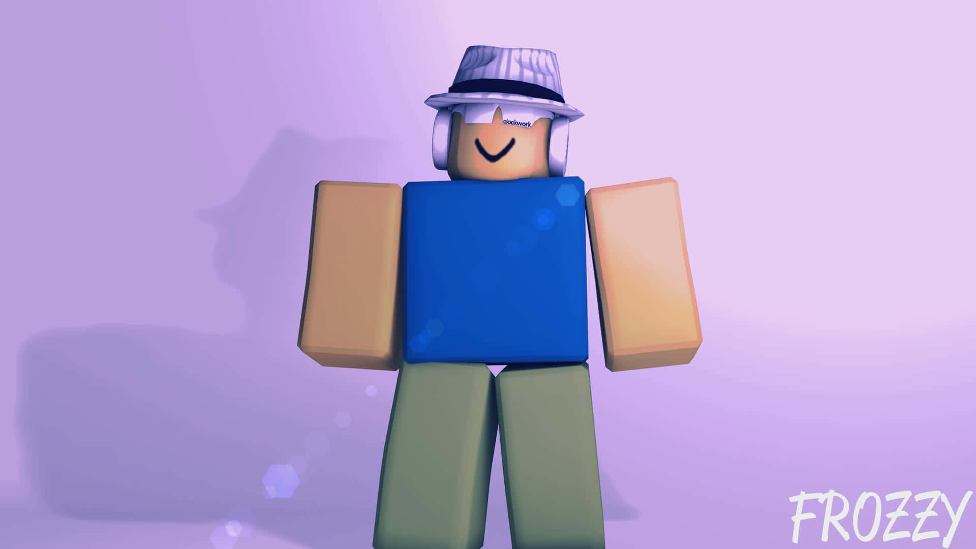 Roblox Noob 桌布 壁紙 — 一個方塊狀的 Roblox 頭像，穿著藍色襯衫和條紋帽子，站在柔和的紫色背景前，帶有鏡頭光暈效果。