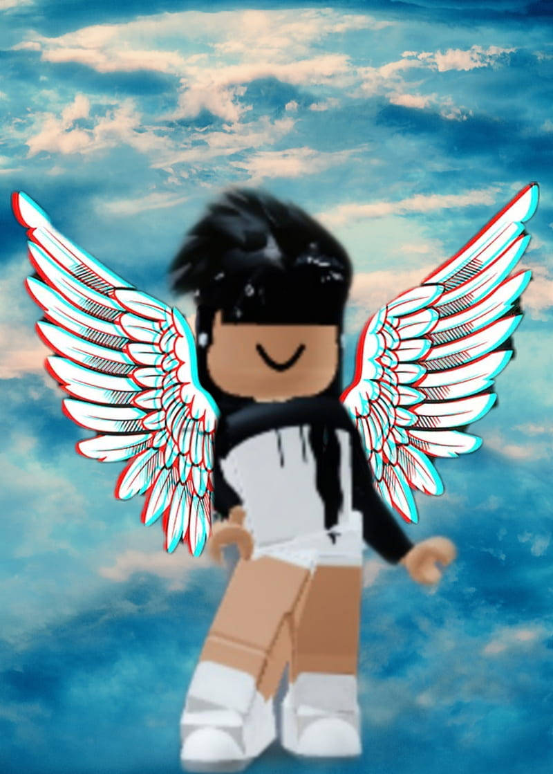 美學 Roblox 女孩 桌布 壁紙 — 一個方塊狀的 Roblox 頭像，黑色頭髮，白色大翅膀，漂浮在藍天白雲中。