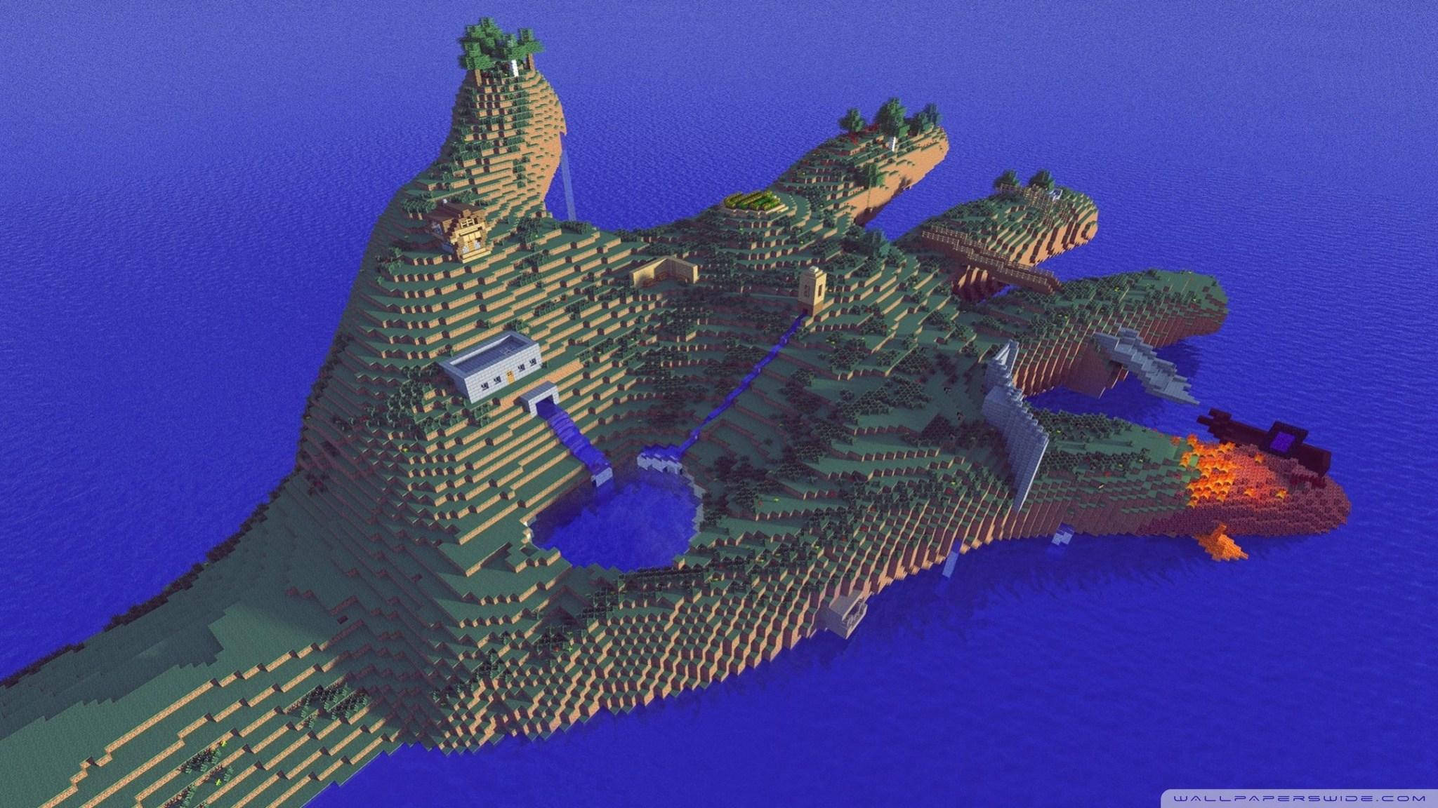 電玩遊戲 桌布 壁紙 — 一個方塊狀的Minecraft島嶼，有綠色山丘、藍色海水和流向深藍色海洋的熔岩流。