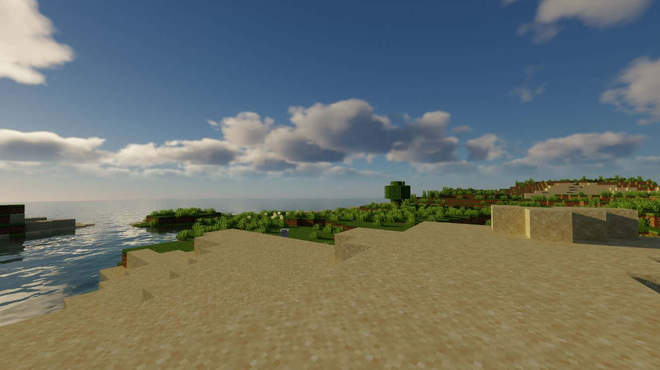 Minecraft Survival 桌布 壁紙 — 一個方塊狀的Minecraft景觀，有沙灘、綠色山丘和海洋，上方是晴朗的藍天和 fluffy 雲。