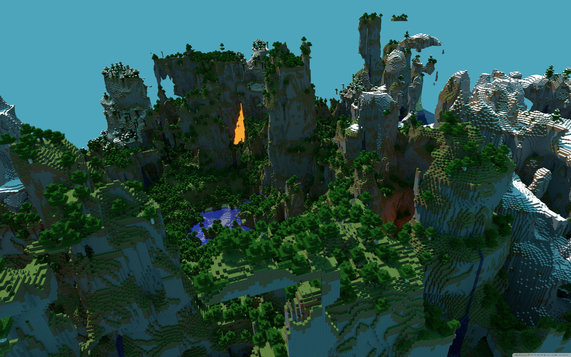  壁紙 — 一個方塊狀的Minecraft景觀，有高聳的懸崖、茂密的綠植和發光的洞穴，在清澈的藍天下。