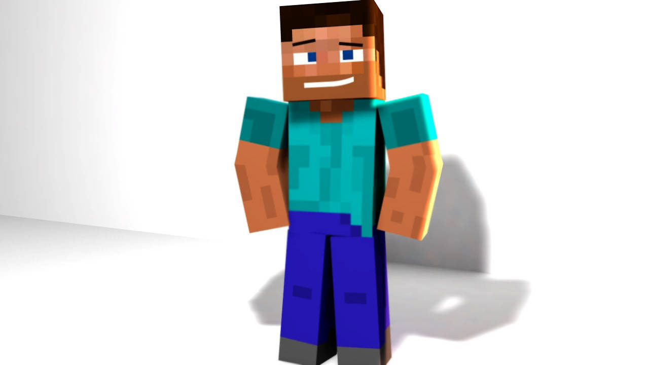 我的世界 史蒂夫 桌布 壁紙 — 一個方塊狀的Minecraft角色，棕色頭髮和藍色眼睛，在簡約的白色工作室環境中微笑站立。
