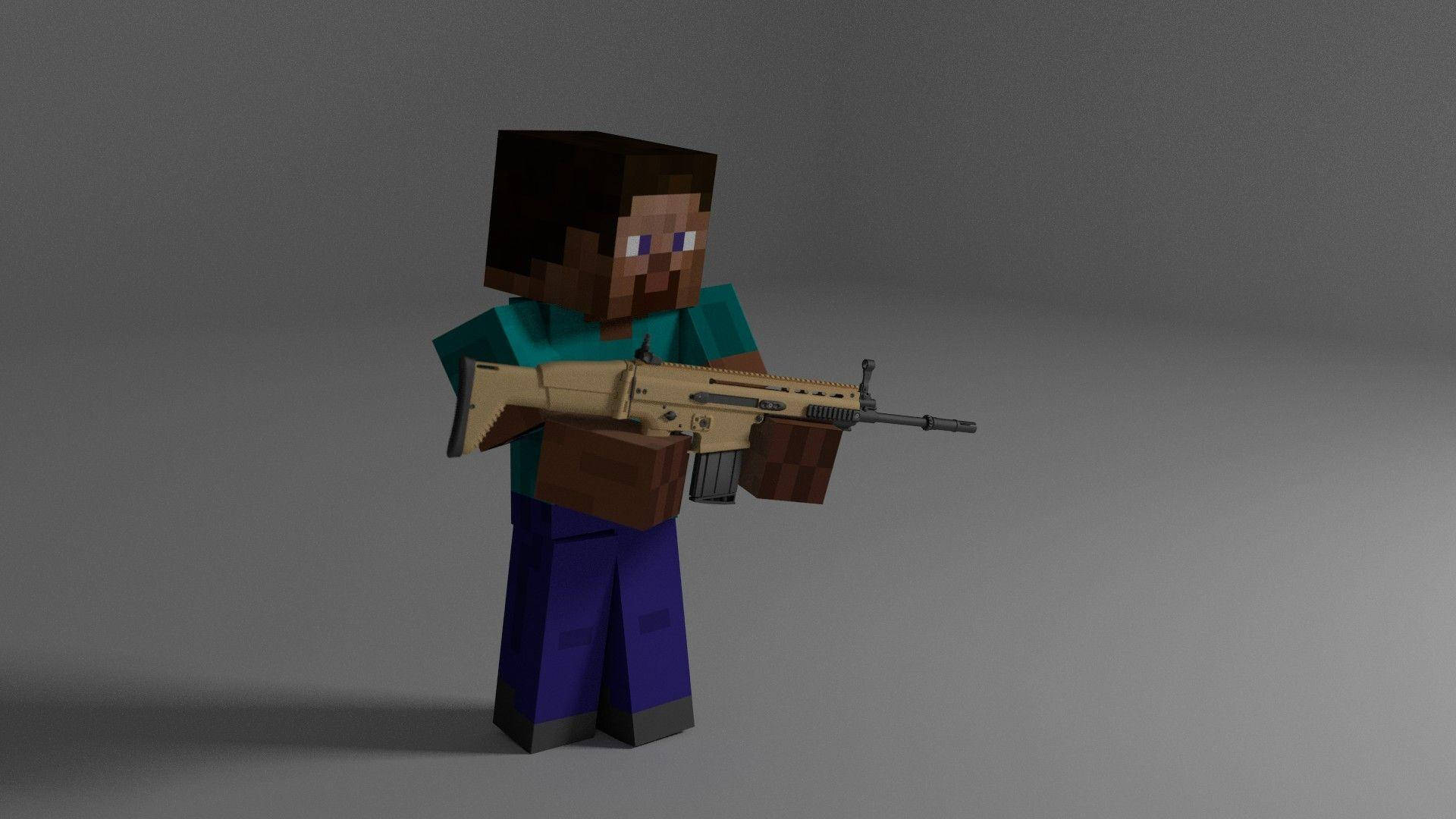 電玩遊戲 桌布 壁紙 — 一個方塊狀的Minecraft角色，棕色頭髮和鬍鬚，在純灰色工作室背景前拿著一支棕褐色突擊步槍。