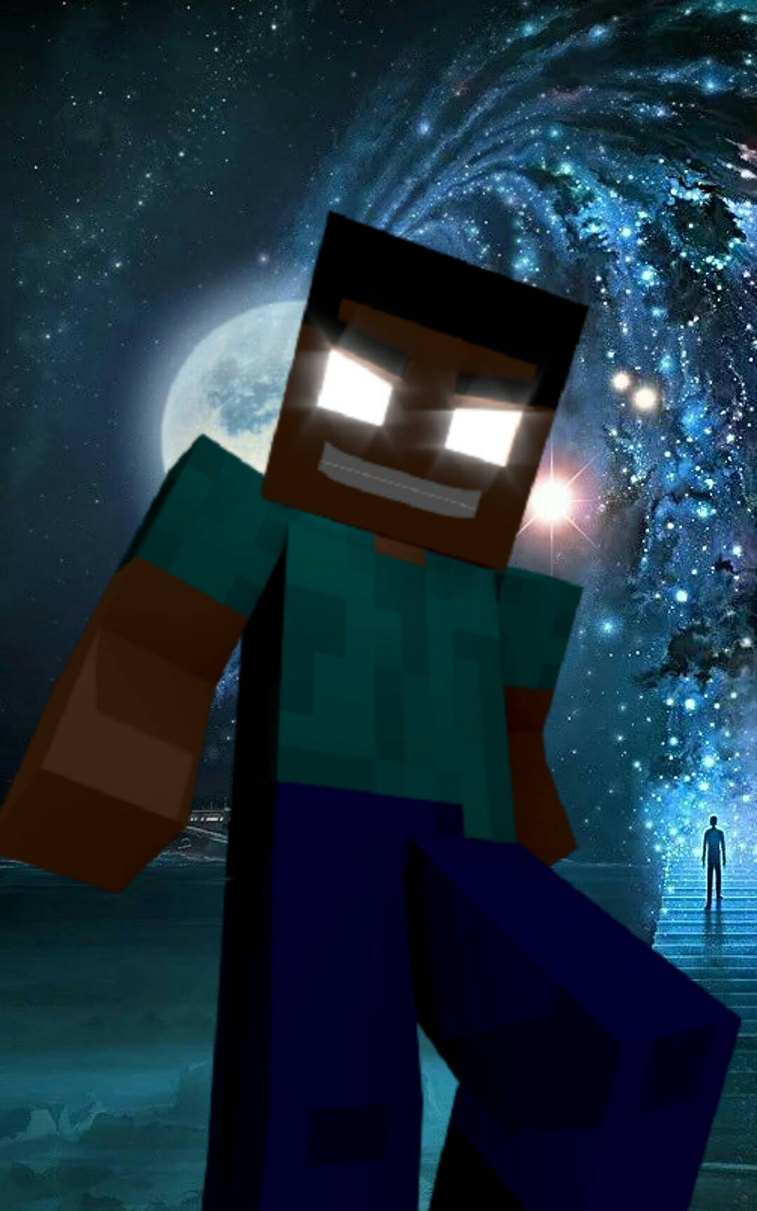 電玩遊戲 桌布 壁紙 — 一個方塊狀的Minecraft角色，眼睛發光，站在滿月下的宇宙漩渦前，而一個細小的人形正在樓梯上走開。
