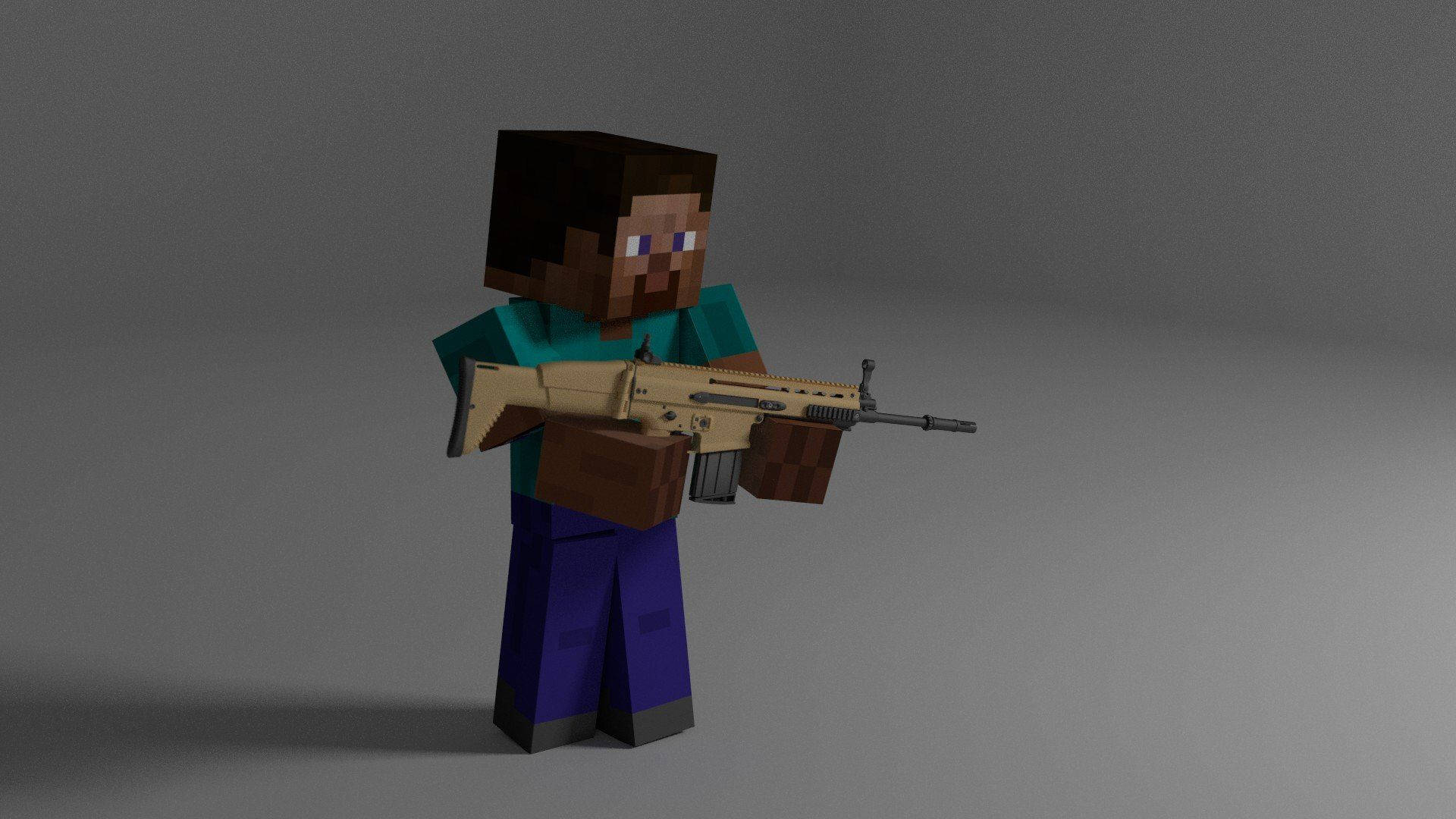 Herobrine 桌布 壁紙 — 一個方塊狀的Minecraft角色，棕色頭髮和鬍鬚，在純灰色工作室背景前拿著一支棕褐色突擊步槍。