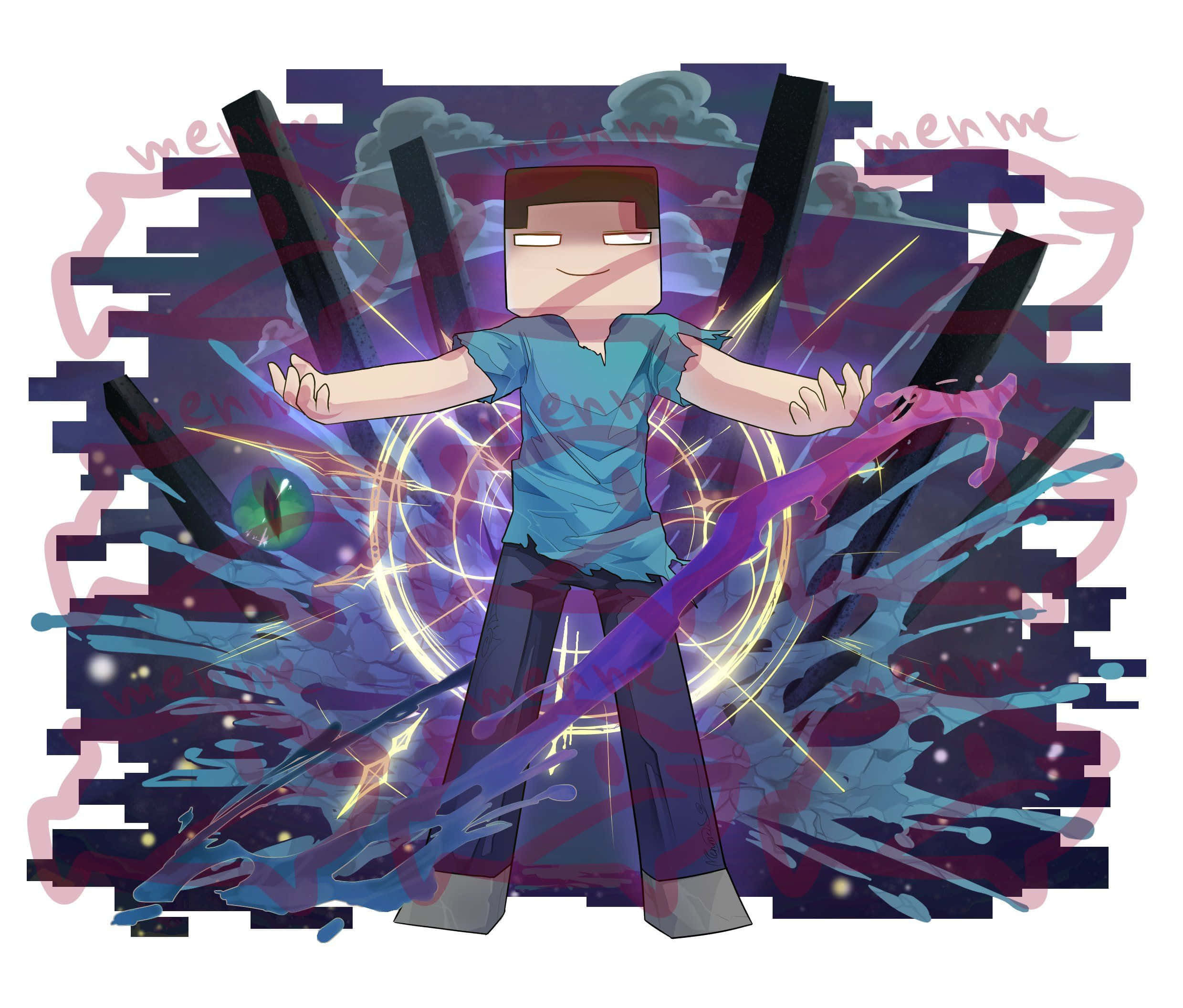 Herobrine 桌布 壁紙 — 一個方塊狀的Minecraft角色張開雙臂站立，紫色和藍色的發光能量在他周圍爆發，背景是宇宙。