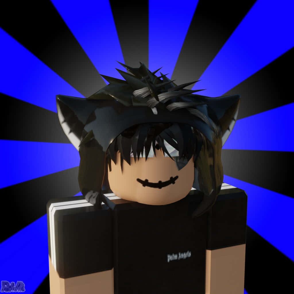 Roblox 桌布 壁紙 — 一個方塊狀的Roblox角色，擁有黑色貓耳和尖刺頭髮，站在大膽的藍色和黑色放射狀背景前。