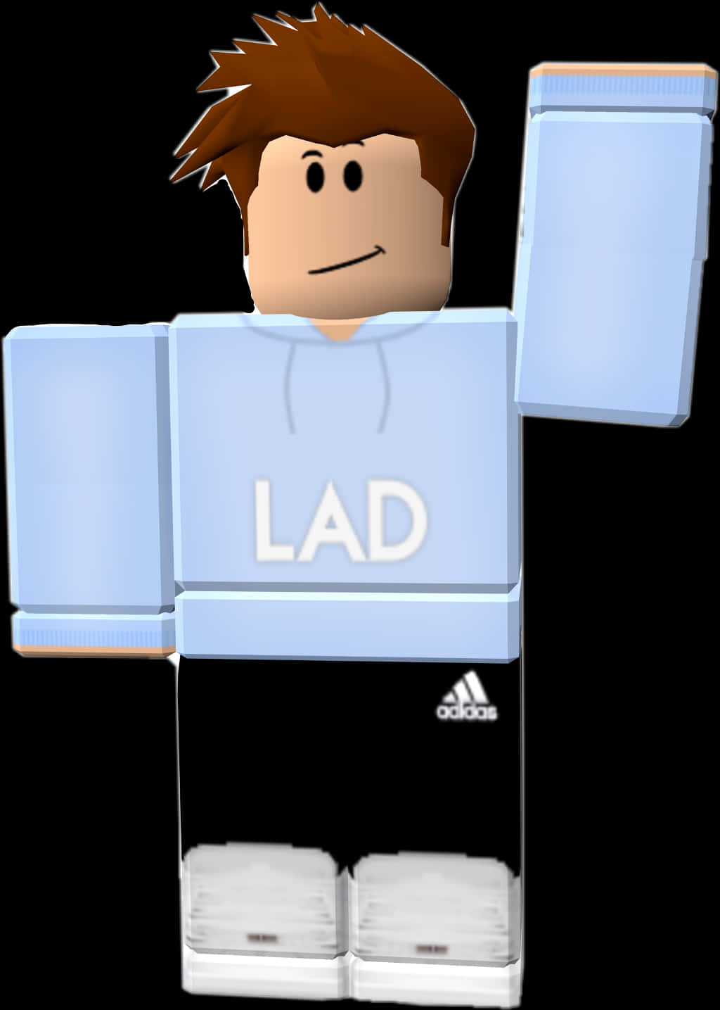 Roblox 桌布 壁紙 — 一個方塊狀的Roblox頭像，棕色頭髮，穿著淺藍色連帽衫，上面印有'LAD'，搭配黑色Adidas短褲。