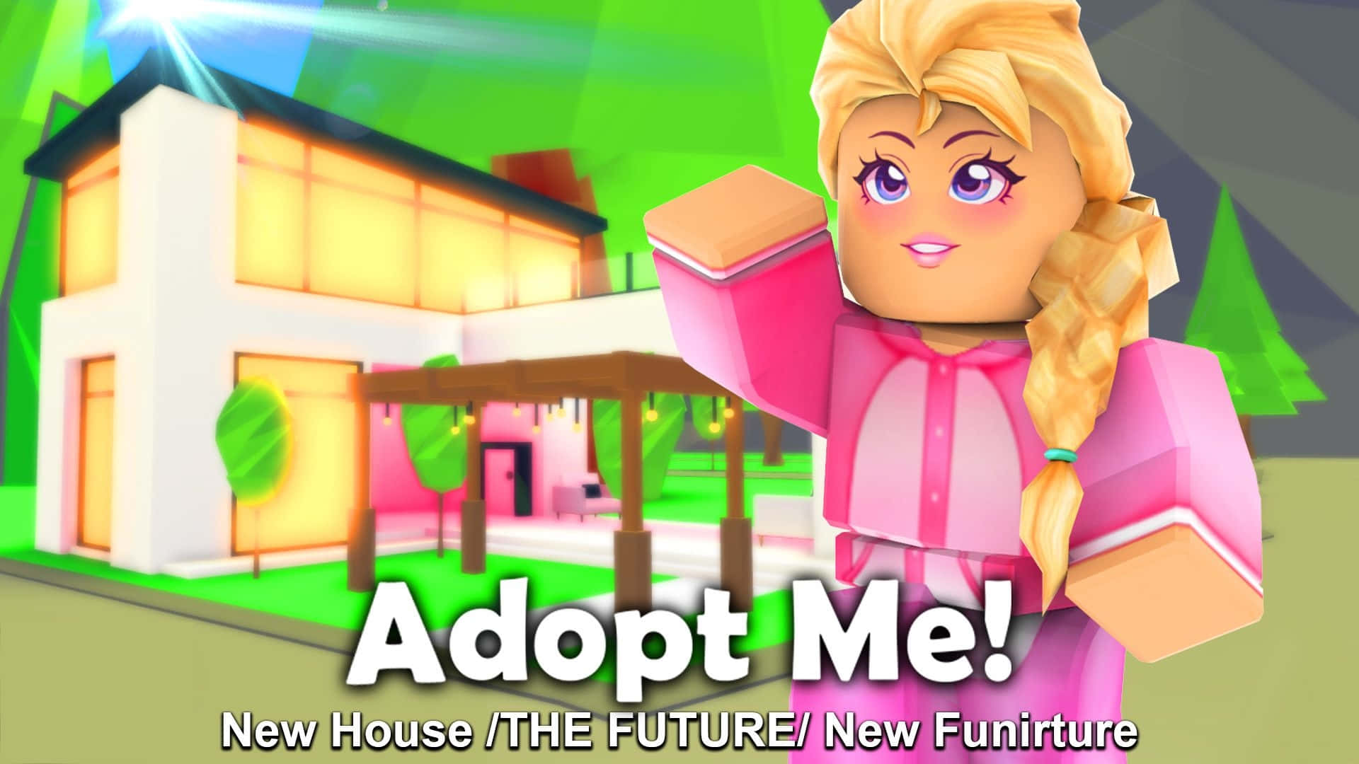 Roblox 桌布 壁紙 — 一個方塊狀的動漫女孩在粉紅色波浪中向一個現代發光的房子揮手，場景在充滿活力的Roblox遊戲中。