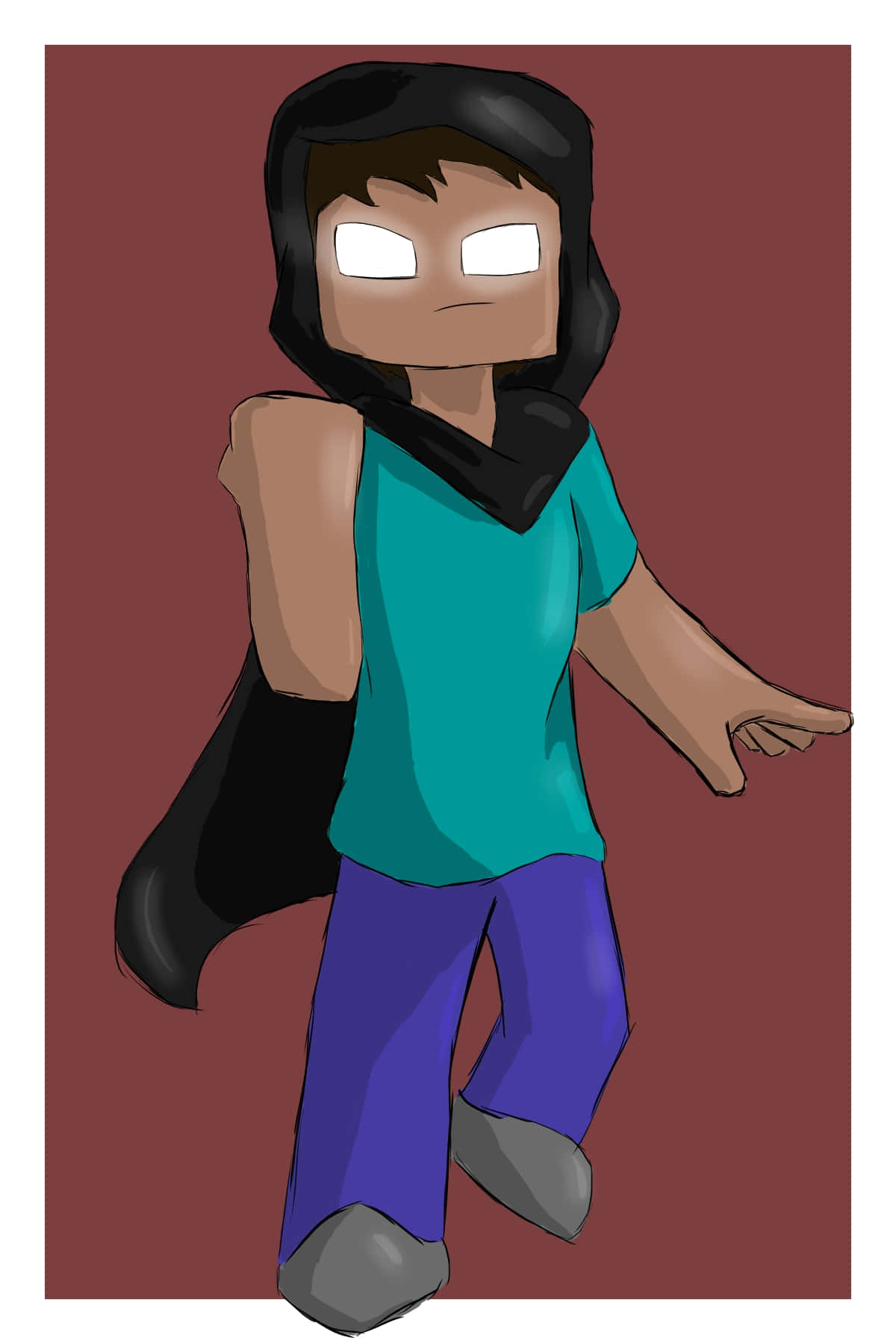 Herobrine 桌布 壁紙 — 一個方塊狀的動畫角色，有著發光的白色眼睛和黑色連帽衫，站在純栗色背景前。