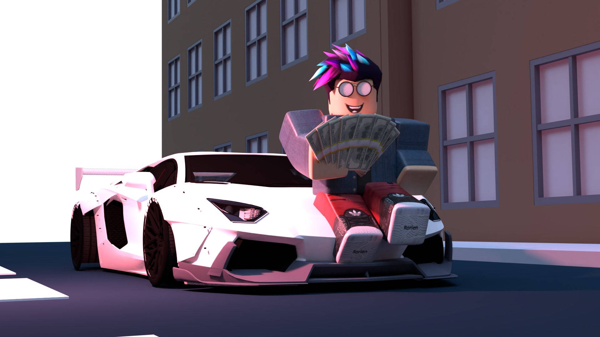 Roblox 桌布 壁紙 — 一個方塊狀的卡通角色，頭髮色彩繽紛，坐在白色跑車上，手持現金，前面有一棟建築物。