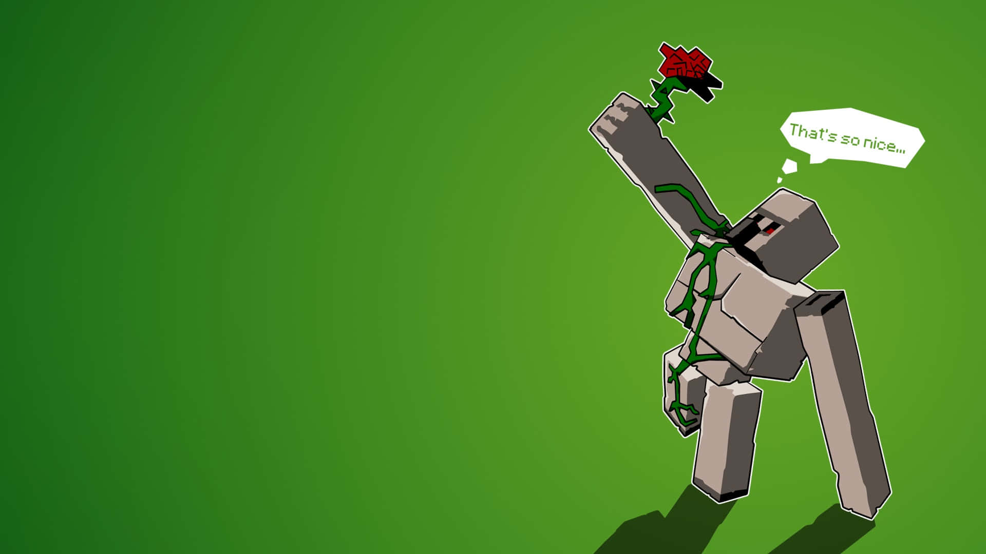 Minecraft Iron Golem 桌布 壁紙 — 一個方塊狀的機器人，帶有藤蔓，手持一朵紅玫瑰，並有一個對話框寫著「真好...」，背景為純綠色。