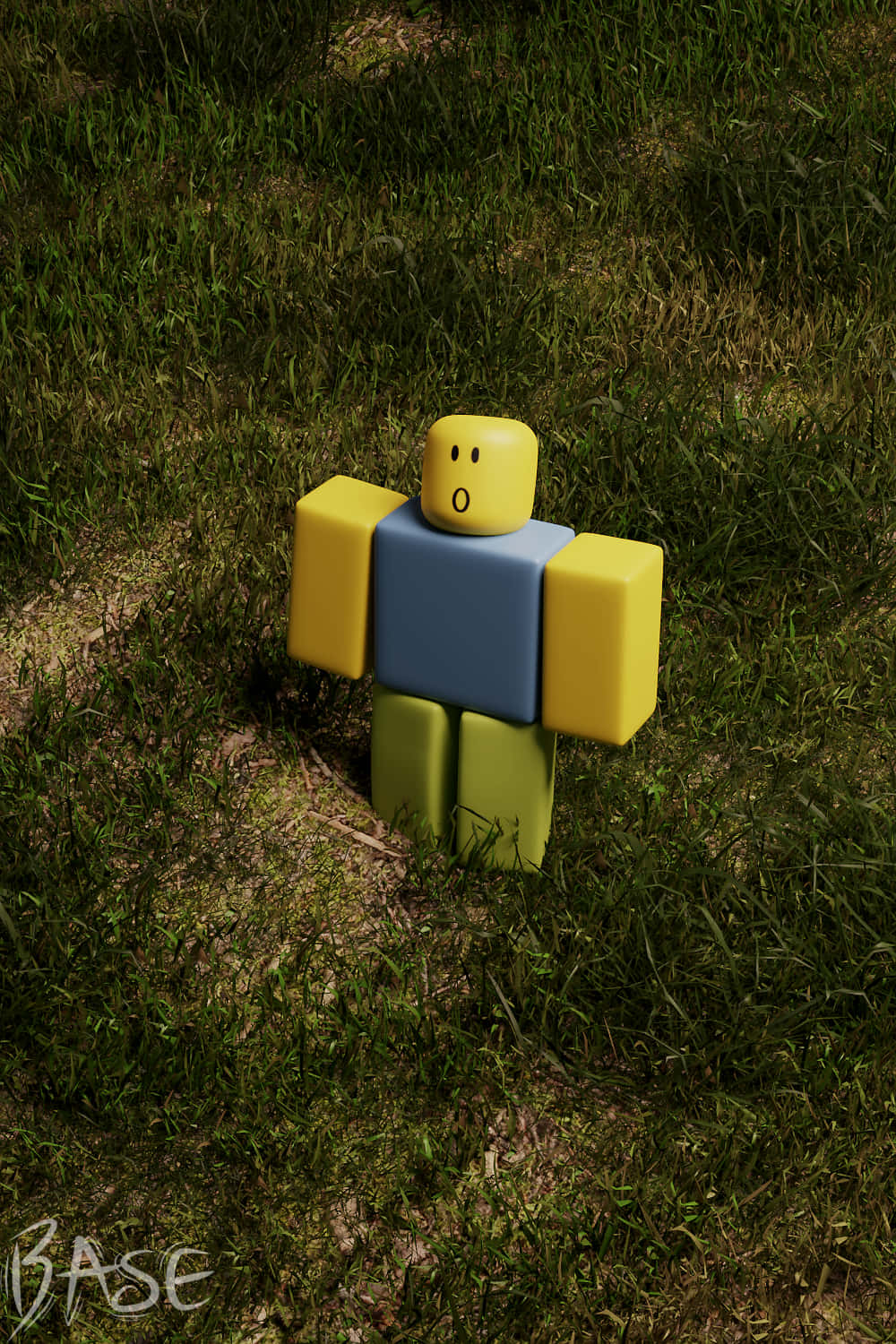 Roblox Noob 桌布 壁紙 — 一個方塊狀的黃色、藍色和綠色 Roblox 角色獨自站在一片陽光照射的綠色草地上。