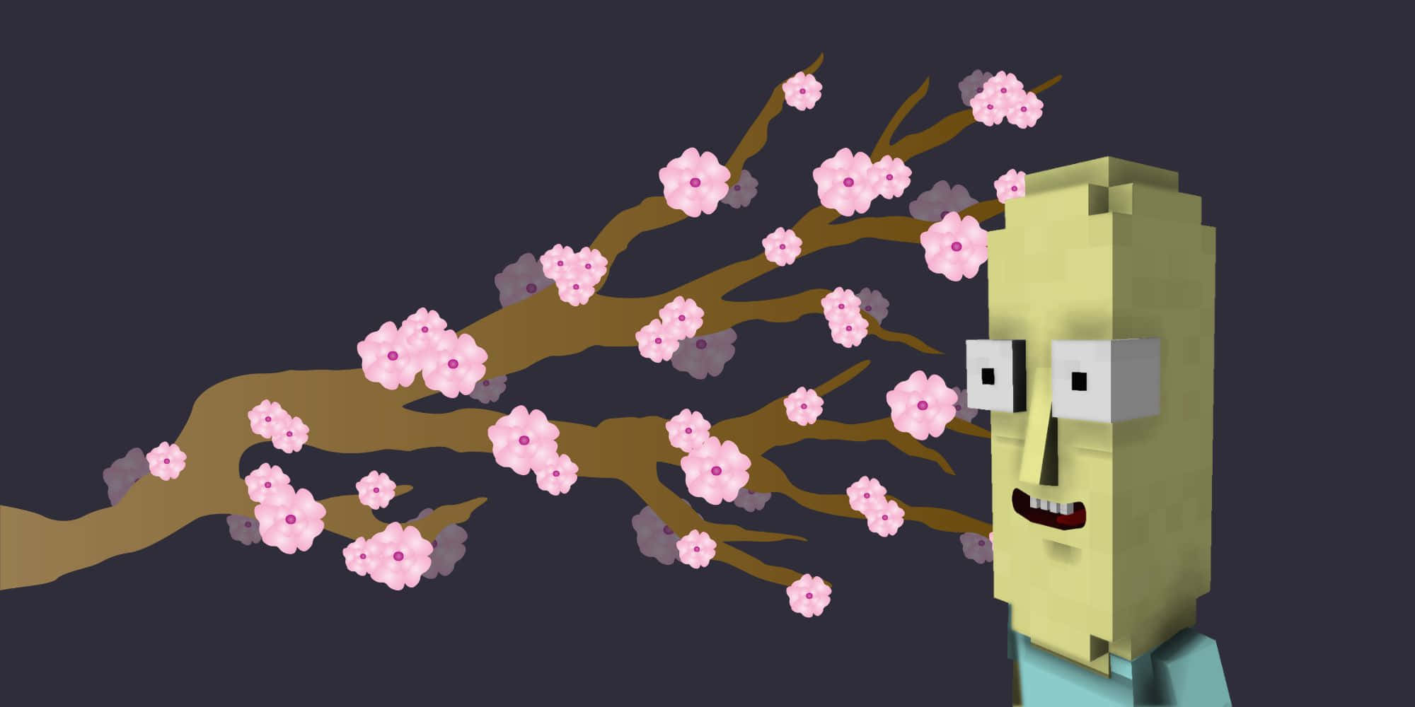 Mr Poopybutthole 桌布 壁紙 — 一個方塊狀的黃色角色在深色背景下從口中呼出粉紅色的櫻花。
