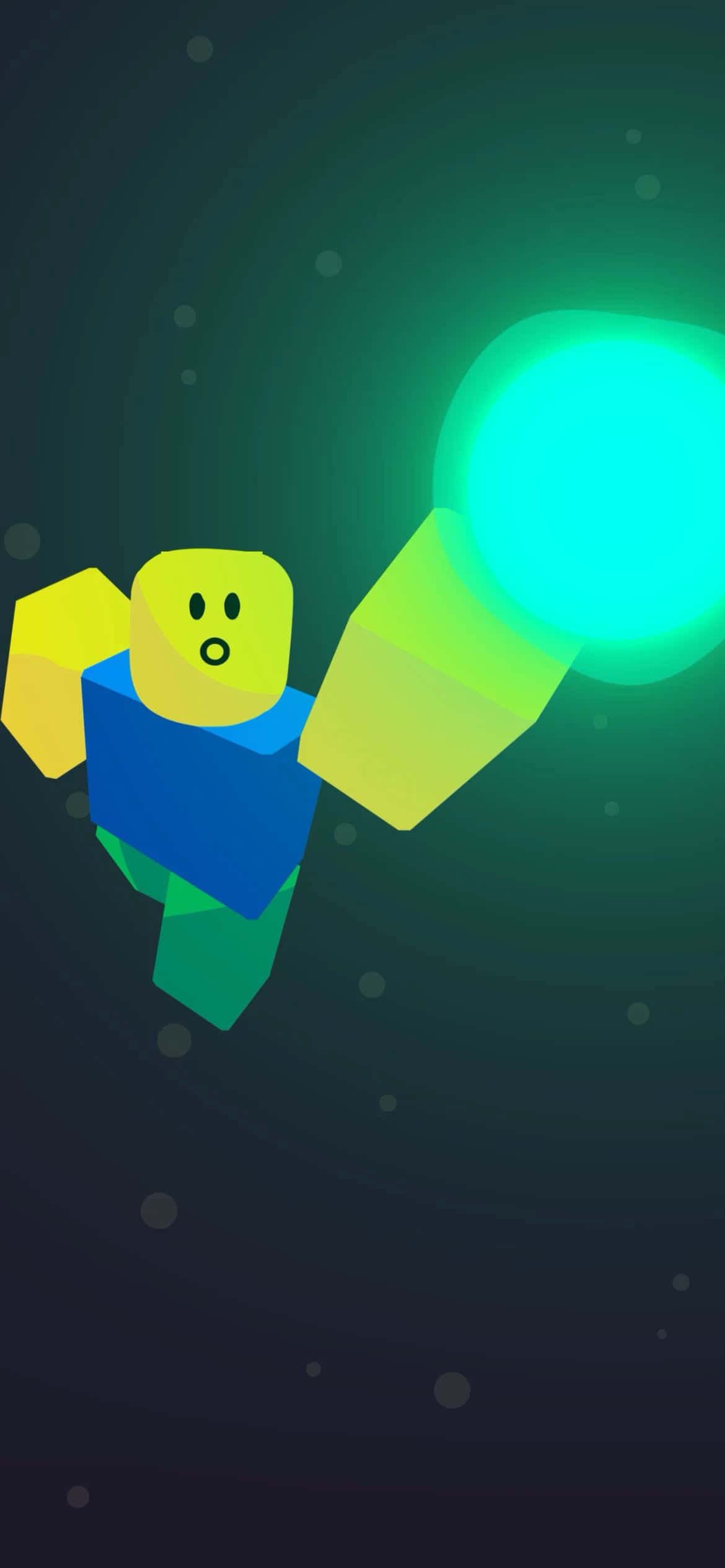 game 桌布 壁紙 — 一個方塊狀的黃藍色角色在黑暗太空中漂浮，手持發光綠色球體，背景是星空。