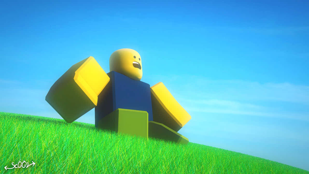 Roblox Noob 桌布 壁紙 — 一個方塊狀的黃頭人物穿著藍色襯衫，坐在晴朗藍天下充滿活力的綠色草地上。