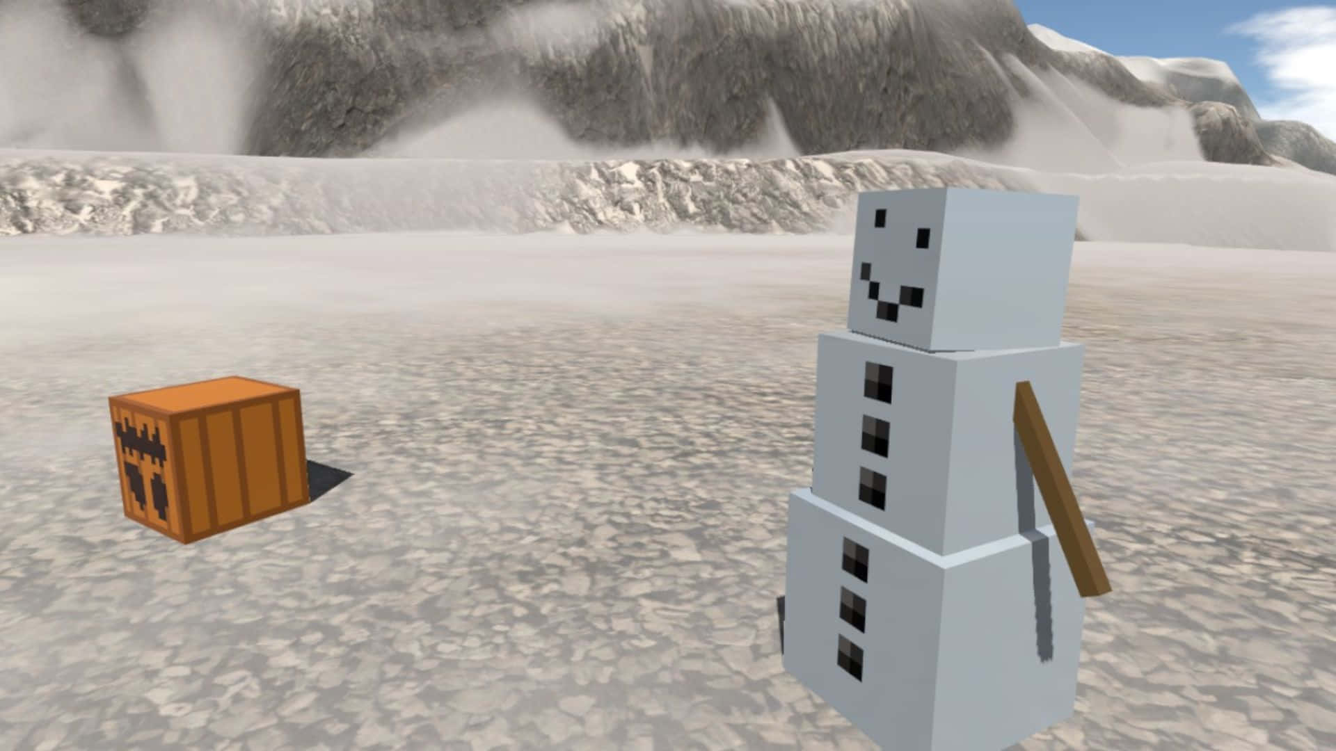 Minecraft Snow Golem 桌布 壁紙 — 一個方塊雪人帶著微笑，站在一個南瓜箱旁邊，背景是白雪覆蓋的山景。