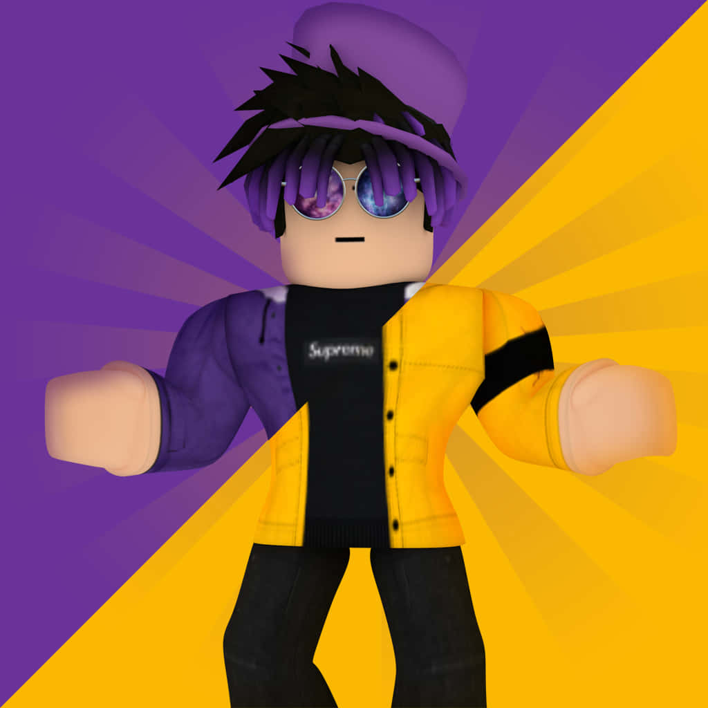 Roblox 桌布 壁紙 — 一個方塊頭像，紫色頭髮，戴著銀河眼鏡，自信地站在充滿活力的紫色和黃色分割背景前。