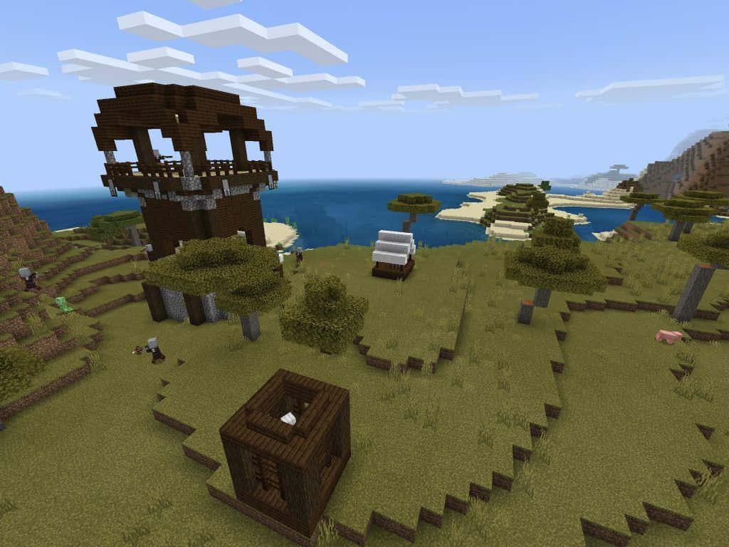 Minecraft Bedrock Edition 桌布 壁紙 — 一個方塊風格的Minecraft海邊村莊，有木製建築、樹木和一隻豬，在晴朗的藍天下。