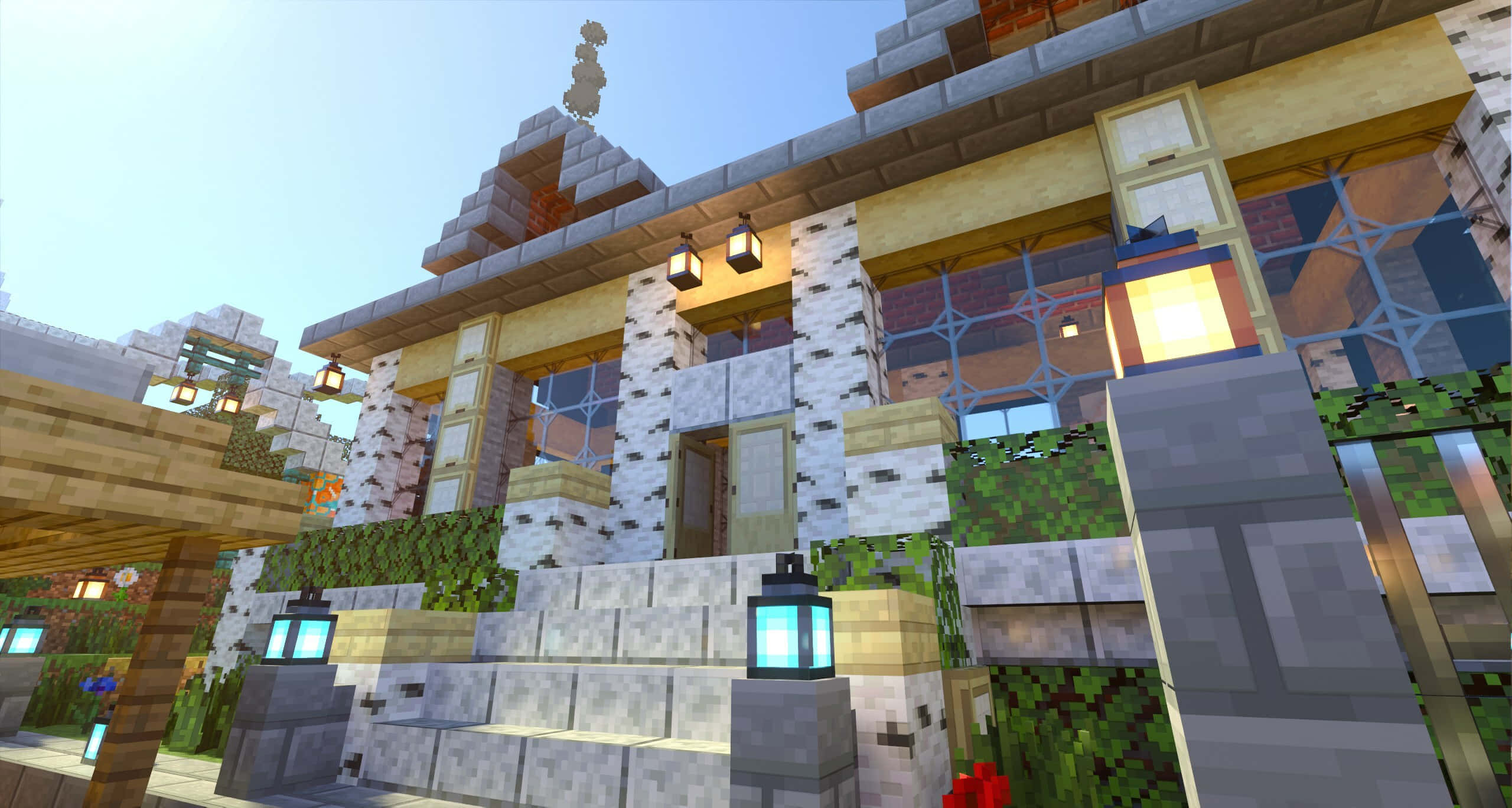 Minecraft Building 桌布 壁紙 — 一個方塊風格的Minecraft房屋，配有石樓梯、發光燈籠和綠植，在清澈的藍天下。