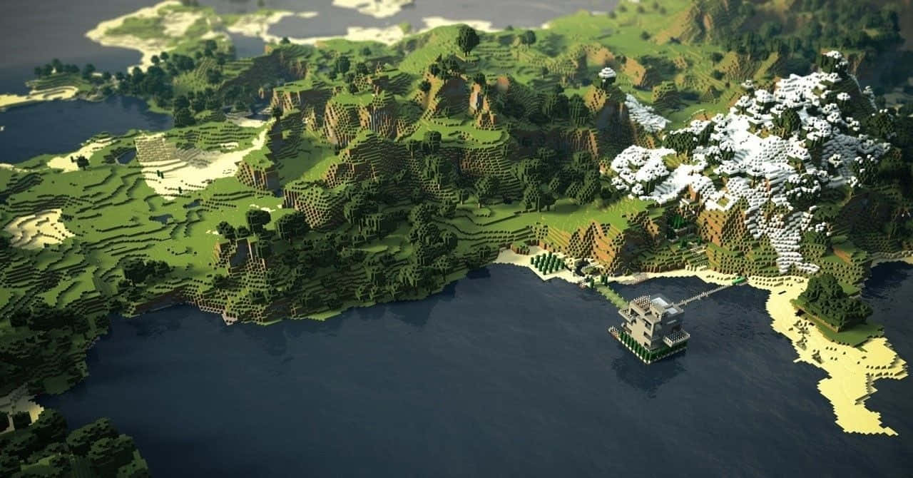 720p 桌布 壁紙 — 一個方塊風格的Minecraft島嶼，有綠色山丘、積雪山頂和一座漂浮在黑暗水面上方的豪宅。