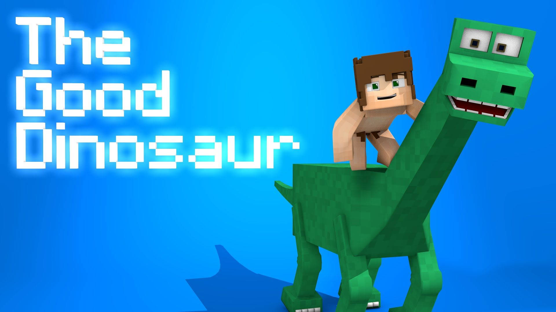 The Good Dinosaur 桌布 壁紙 — 一個方塊風格的Minecraft男孩騎著微笑的綠色恐龍，背景是明亮的藍色，帶有發光文字。