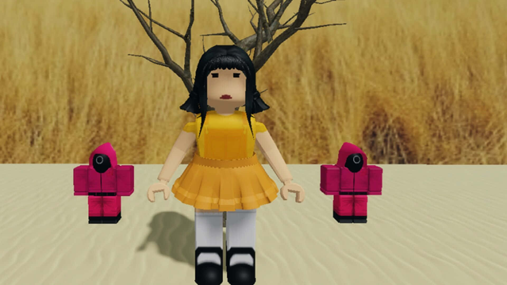 Roblox 桌布 壁紙 — 一個方塊風格的動漫女孩穿著黃色連衣裙，站在一片荒蕪的田野中，兩邊是兩個粉紅色面具人物，還有一棵光禿禿的樹。