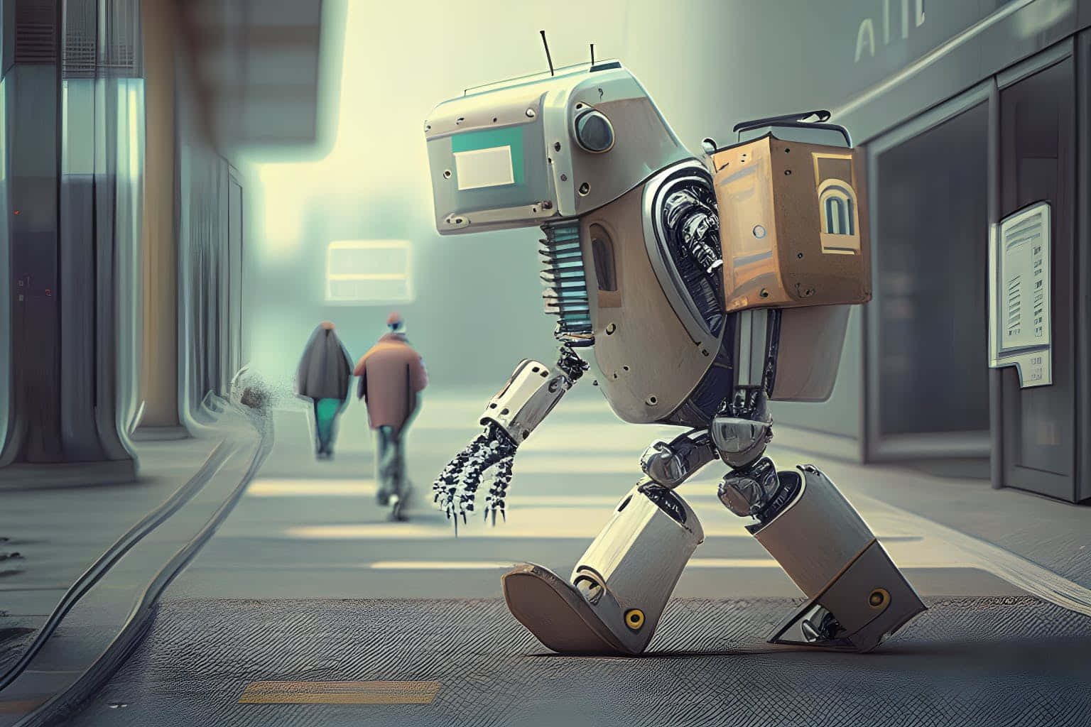 Kawaii Robot 桌布 壁紙 — 一個方形的送貨機器人帶著一個紙箱，沿著未來主義的城市人行道行走，背景有兩個人在散步。