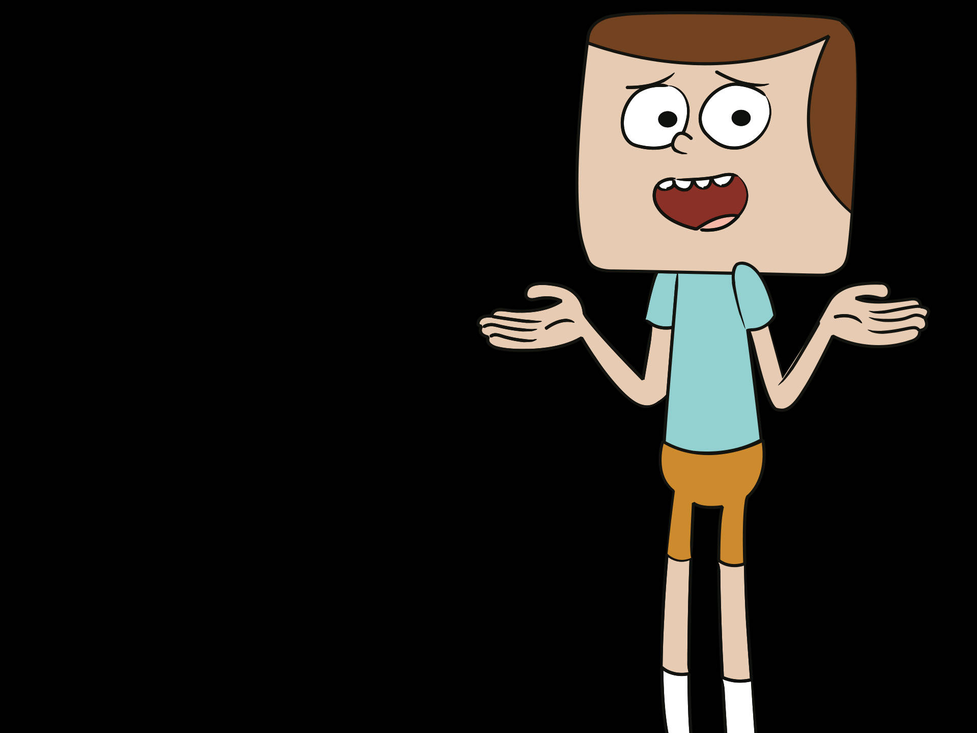 Animated 桌布 壁紙 — 一個方形頭、棕色頭髮的卡通角色站在黑色背景前，雙臂張開做出聳肩姿勢。
