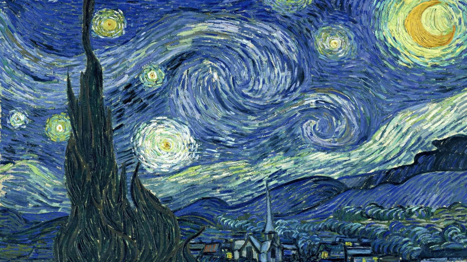 Visual Art 桌布 壁紙 — 一個旋轉的夜空，閃爍的星星和一彎新月照耀著村莊和柏樹。