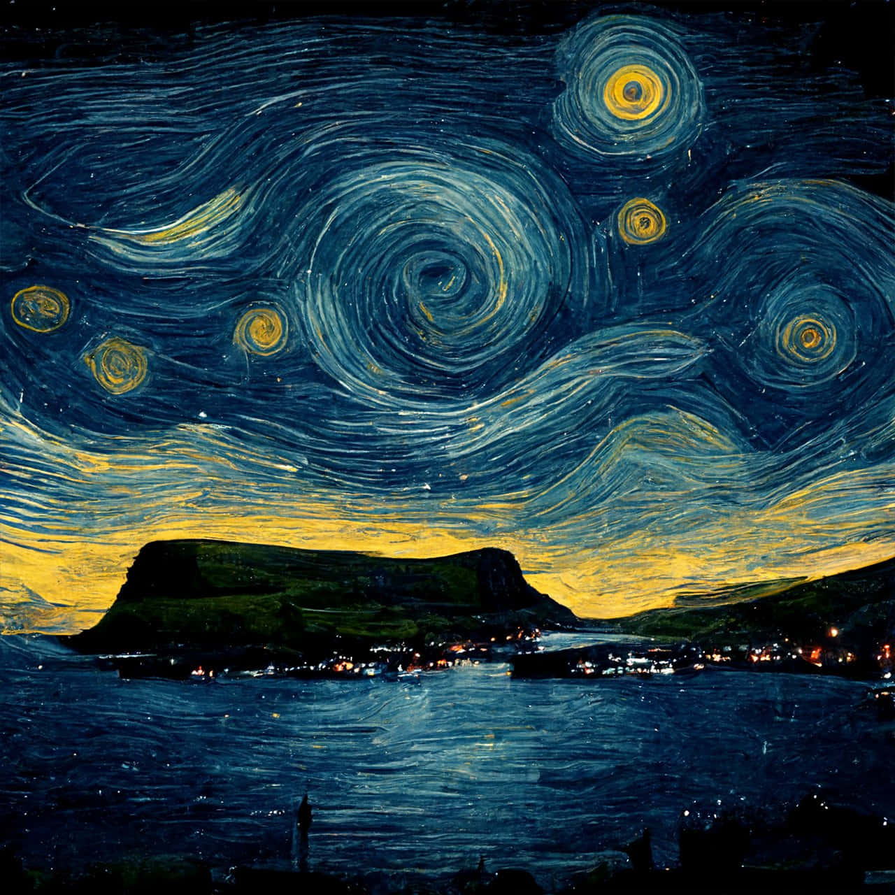 在旋轉的星空下，沿海村莊閃爍著黃色的星星。