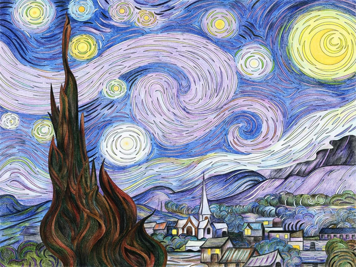 寧靜的村莊，在旋轉的星空下，有一棵高大的柏樹。 — 梵高 壁紙