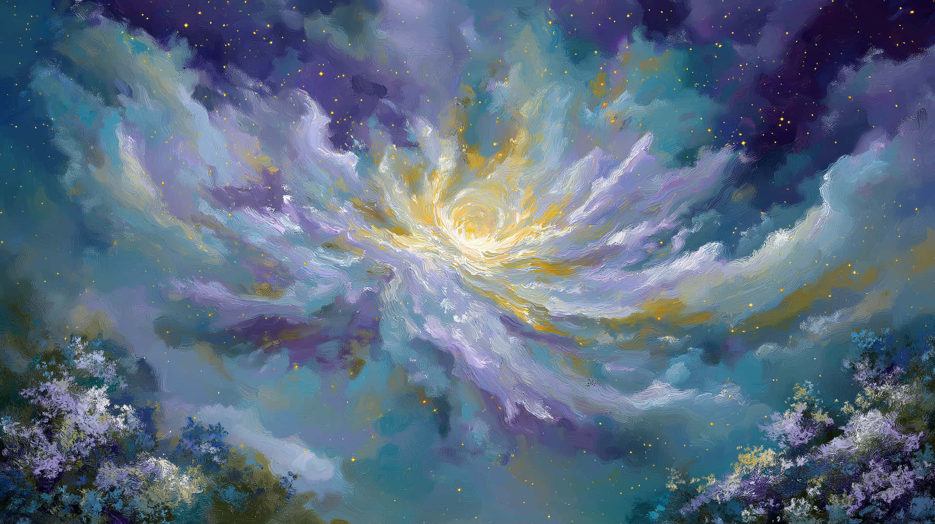 Magical Swirling Nebula in a Celestial Fantasy Landscape 壁紙 — 一個旋轉的宇宙星雲，以紫色、藍綠色和金色從明亮的中心輻射出來，位於盛開的薰衣草灌木叢上方。