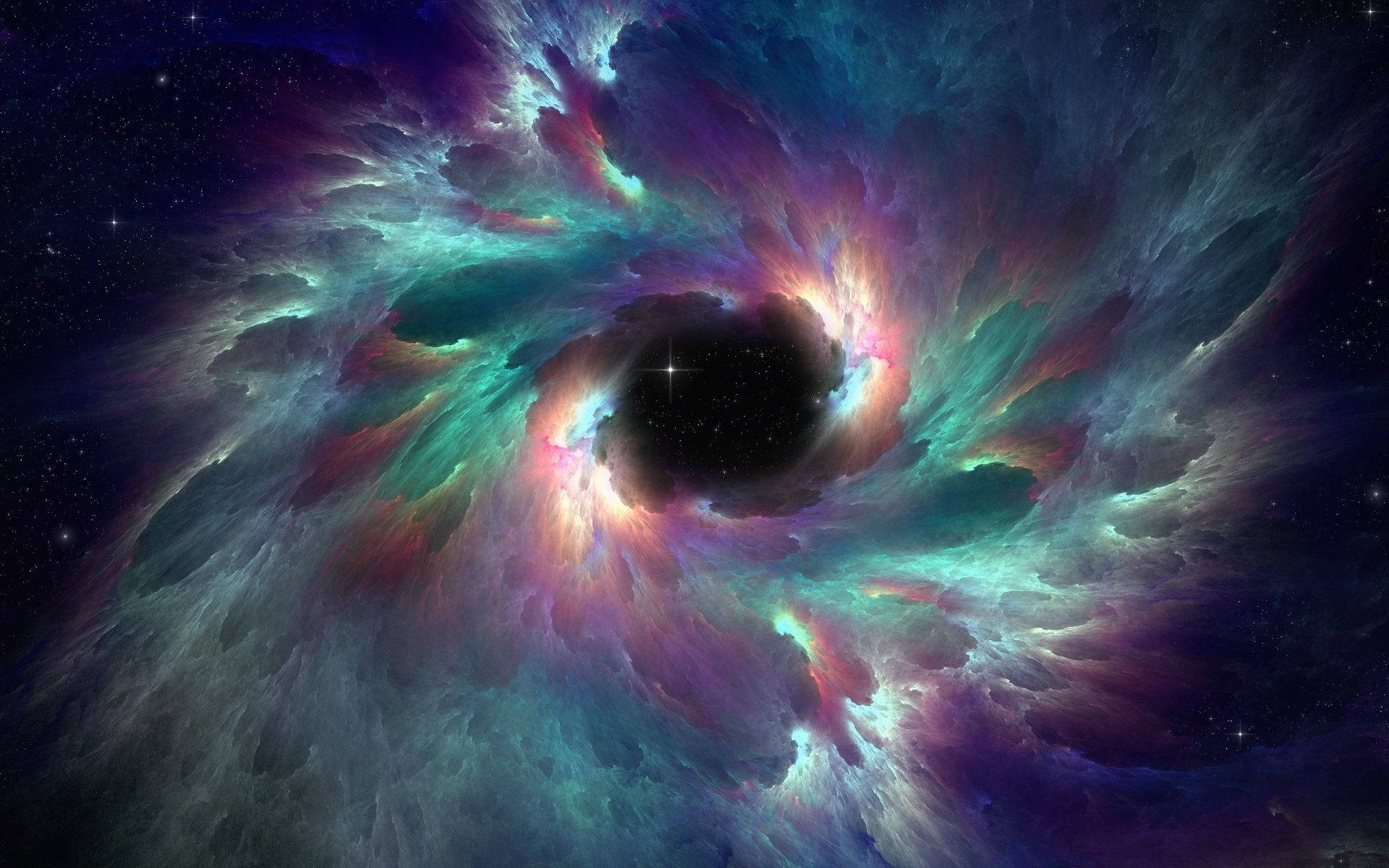 黑洞 桌布 壁紙 — 一個旋轉的宇宙星雲，以鮮豔的青綠色、紫色和粉紅色調，環繞著一個黑暗的中心黑洞，背景是繁星點點的夜空。
