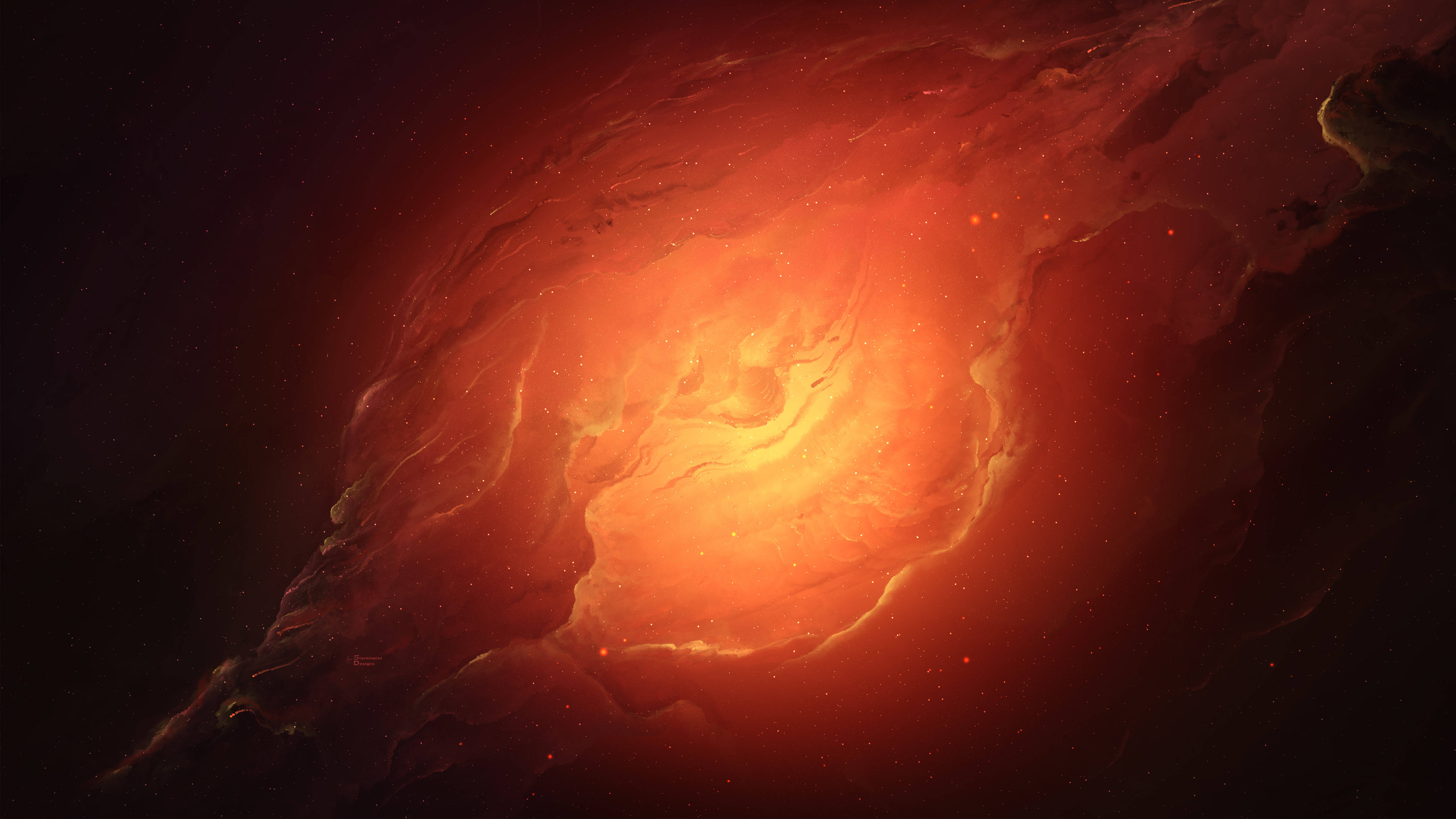 橘色 桌布 壁紙 — 一個旋轉的宇宙星雲，在佈滿星星的虛空中散發出火熱的橙色和深紅色調。